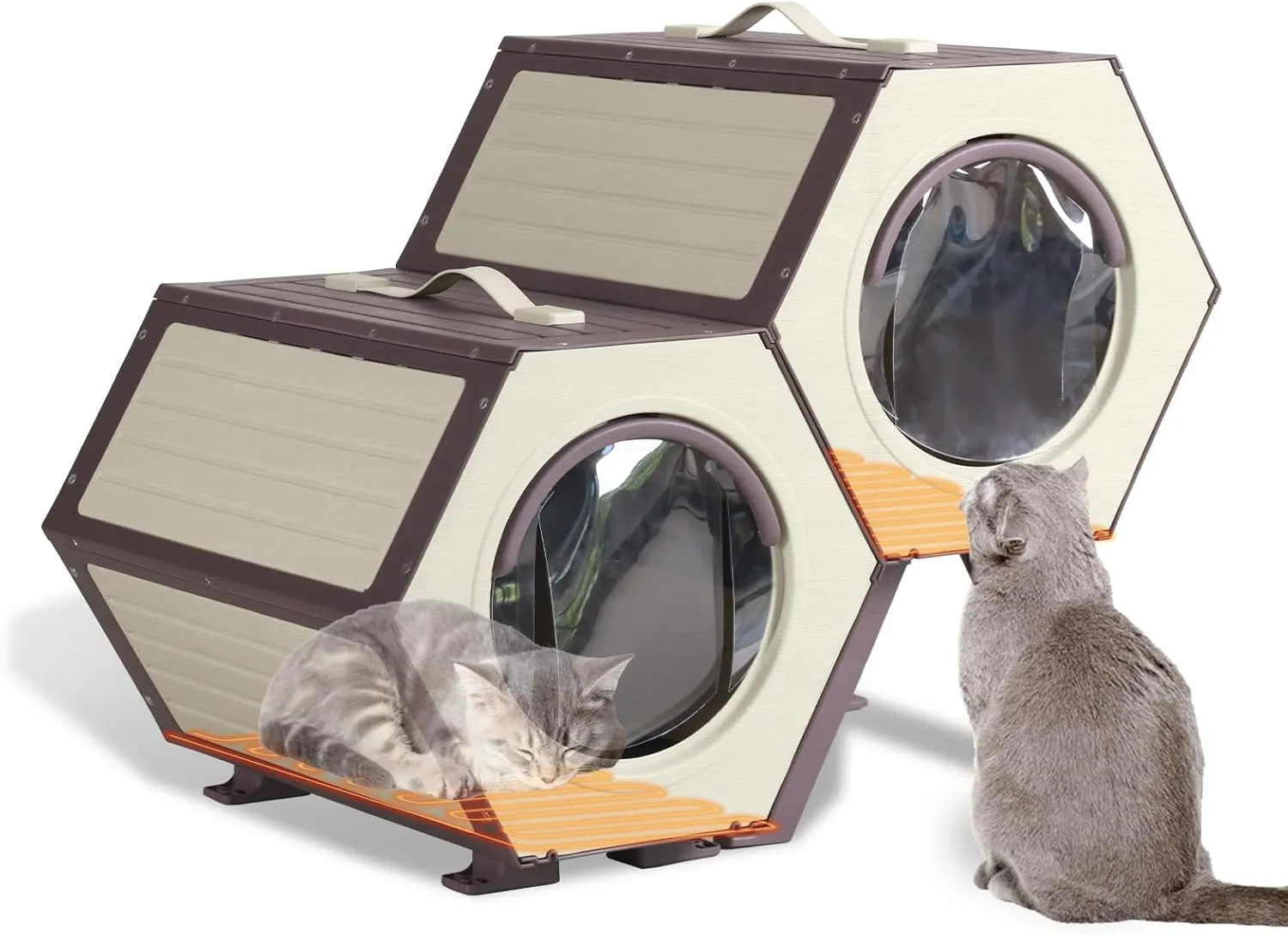 Heated Cat House for Outdoor Winter,Combined Cat Condo with Adjustable Temperature and Time Insulated Outdoor or Indoor Cat Shelter for Feral with Escape Door (White and Brown, 2 Sets)