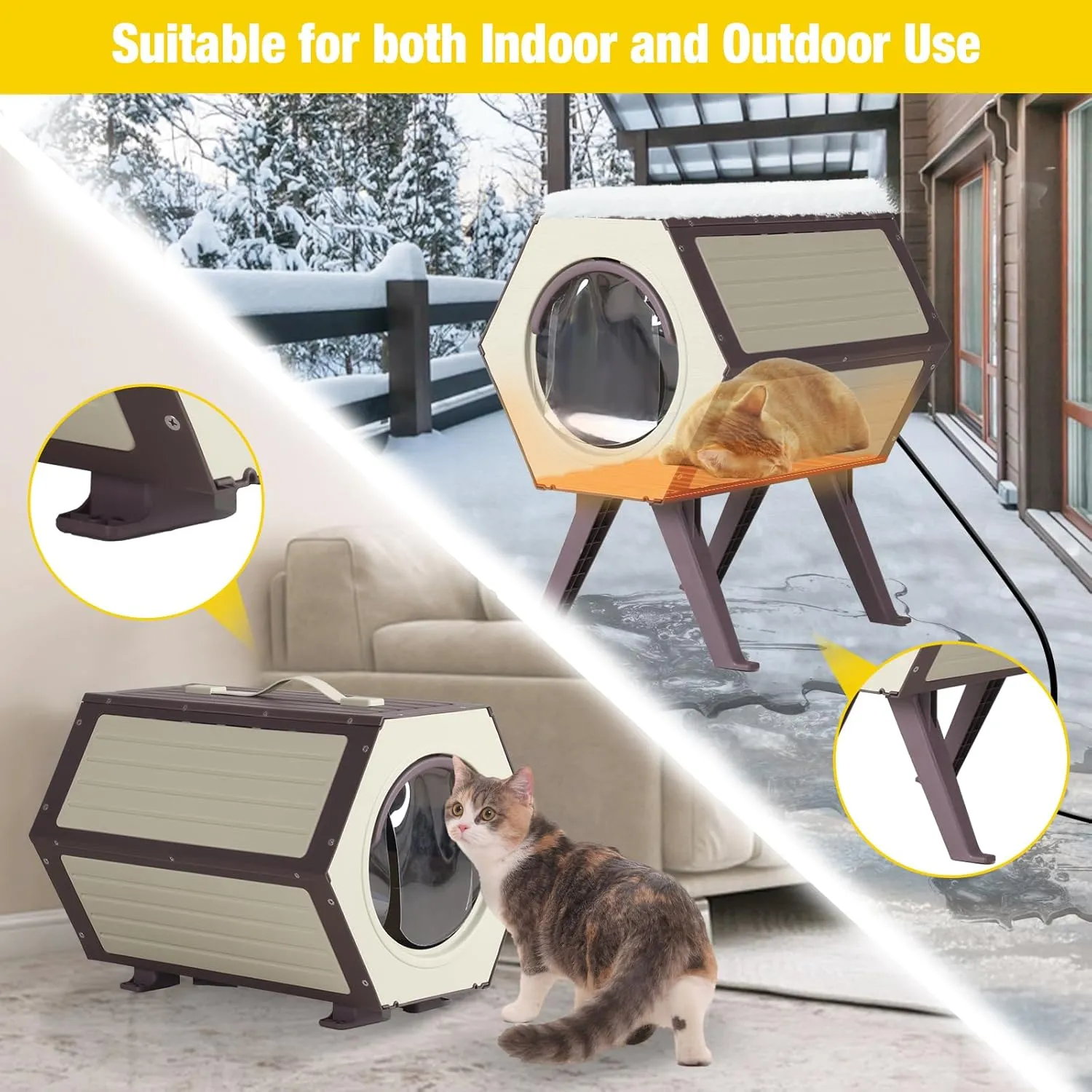 Heated Cat House for Outdoor Winter,Combined Cat Condo with Adjustable Temperature and Time Insulated Outdoor or Indoor Cat Shelter for Feral with Escape Door (White and Brown, 2 Sets)