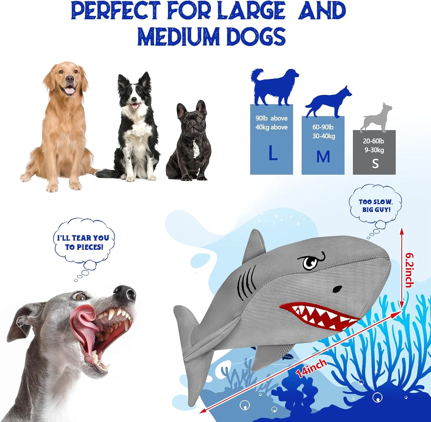 Heavy-Duty Shark Dog Toy for Large Dogs - Tough Crinkle Toy with Hidden Ball - Durable Plush Chew Toy for Aggressive Chewers(Silver Medium)
