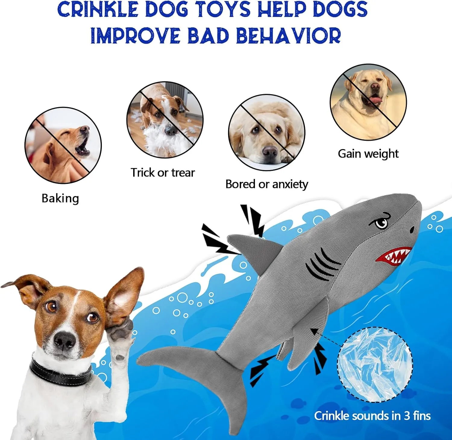 Heavy-Duty Shark Dog Toy for Large Dogs - Tough Crinkle Toy with Hidden Ball - Durable Plush Chew Toy for Aggressive Chewers(Silver Medium)