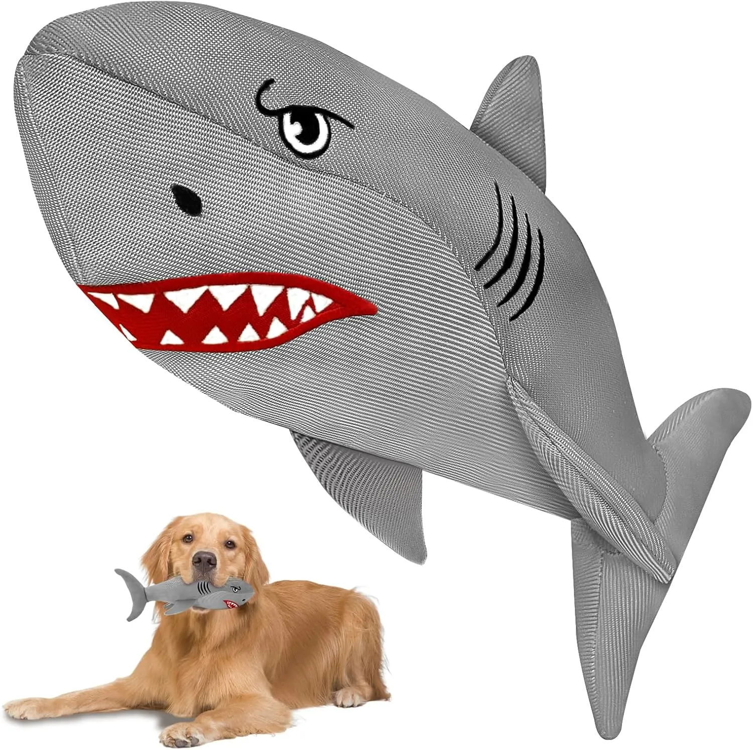 Heavy-Duty Shark Dog Toy for Large Dogs - Tough Crinkle Toy with Hidden Ball - Durable Plush Chew Toy for Aggressive Chewers(Silver Medium)