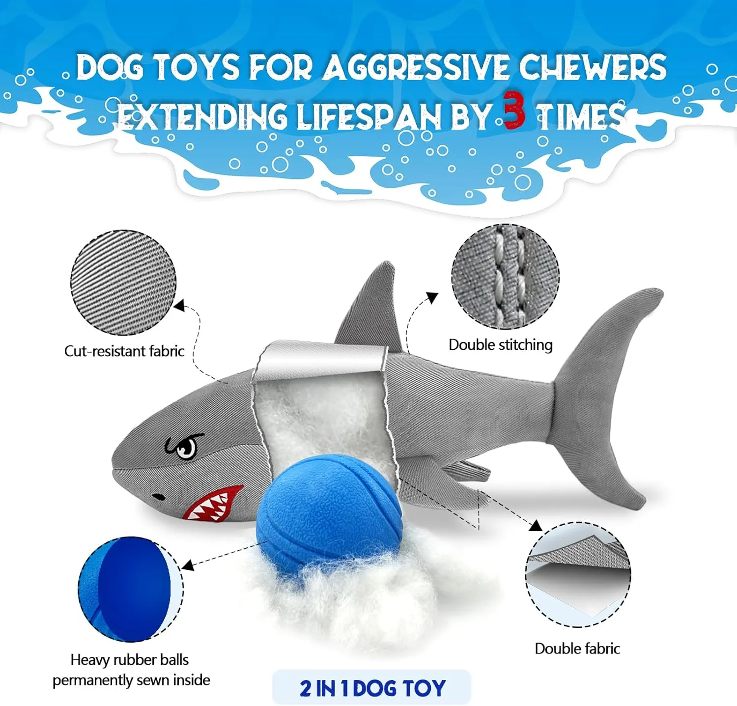 Heavy-Duty Shark Dog Toy for Large Dogs - Tough Crinkle Toy with Hidden Ball - Durable Plush Chew Toy for Aggressive Chewers(Silver Medium)