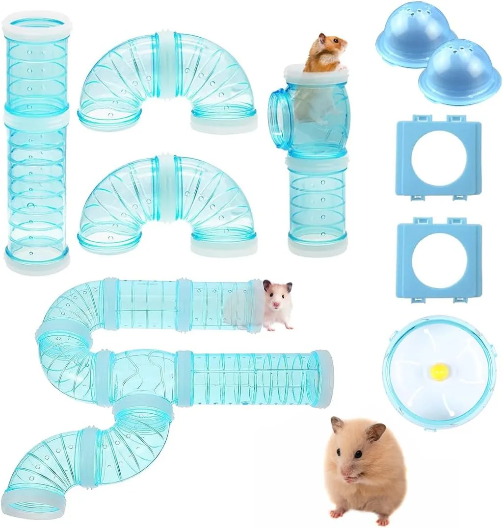 IBEQUE 2 Hamster Tubes & Tunnel Kit, Transparent DIY Connecting Pipe & Accessories, Includes Hamster Wheel for Small Pets