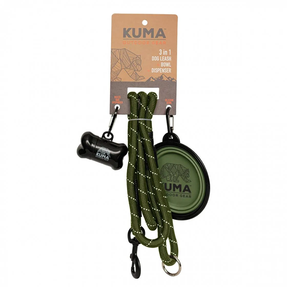Kuma 3-in-1 Dog Leash with Waste Bag Dispenser & Collapsible Bowl - 5 ft Polyester Rope, Durable Metal Clip