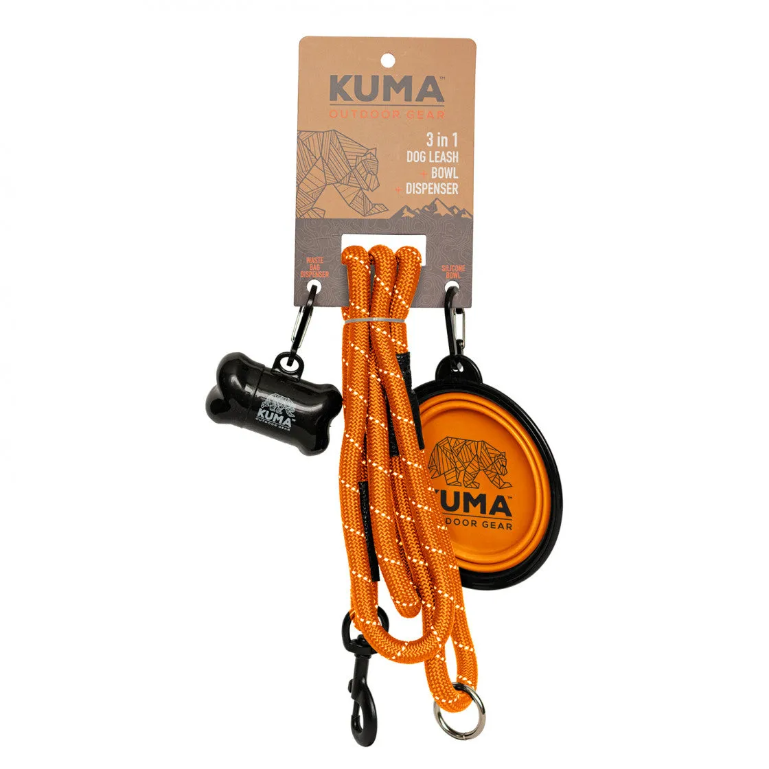 Kuma 3-in-1 Dog Leash with Waste Bag Dispenser & Collapsible Bowl - 5 ft Polyester Rope, Durable Metal Clip