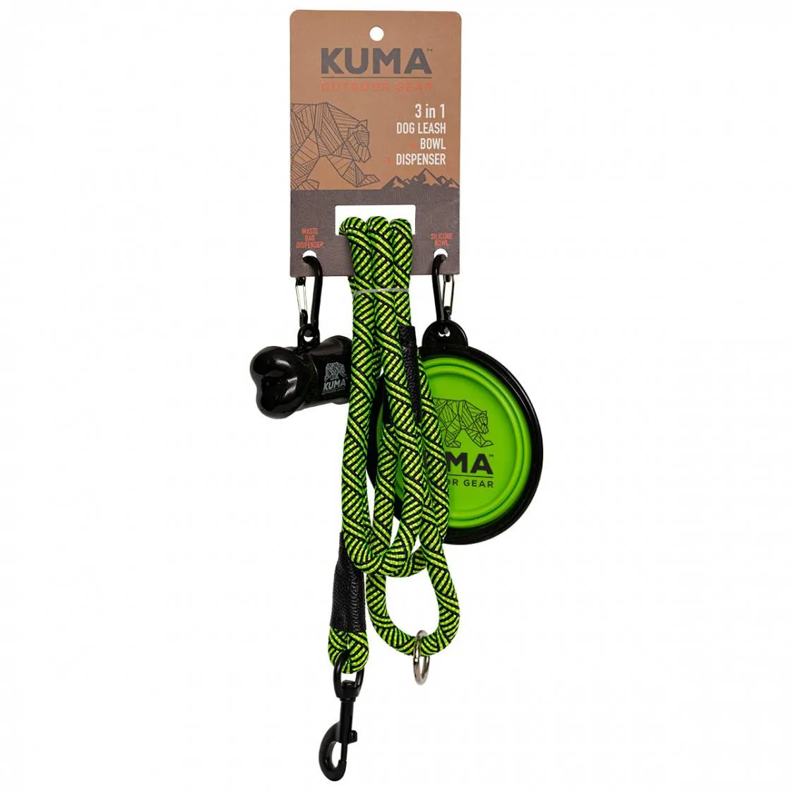 Kuma 3-in-1 Dog Leash with Waste Bag Dispenser & Collapsible Bowl - 5 ft Polyester Rope, Durable Metal Clip