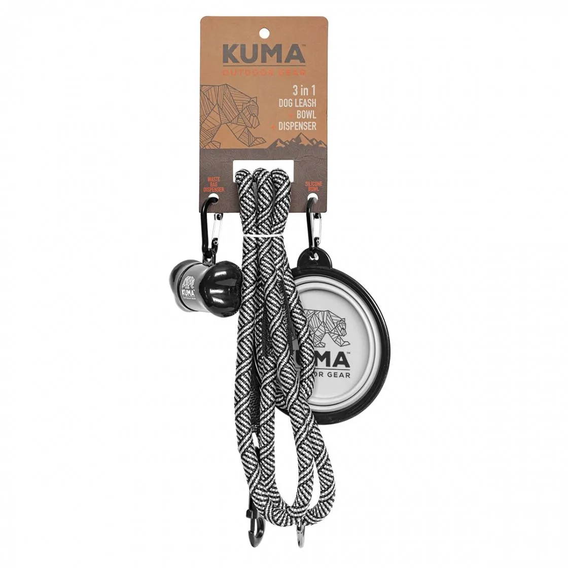 Kuma 3-in-1 Dog Leash with Waste Bag Dispenser & Collapsible Bowl - 5 ft Polyester Rope, Durable Metal Clip