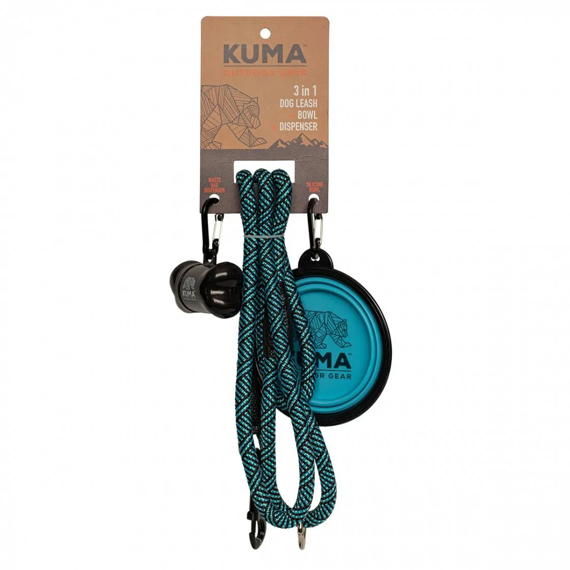 Kuma 3-in-1 Dog Leash with Waste Bag Dispenser & Collapsible Bowl - 5 ft Polyester Rope, Durable Metal Clip