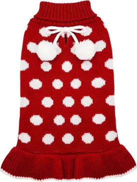KYEESE Christmas Dog Sweater Dress with Leash Hole - Small Turtleneck for Girl Dog - Polka Dot Knit Warm Puppy Sweater with Pom Pom Ball