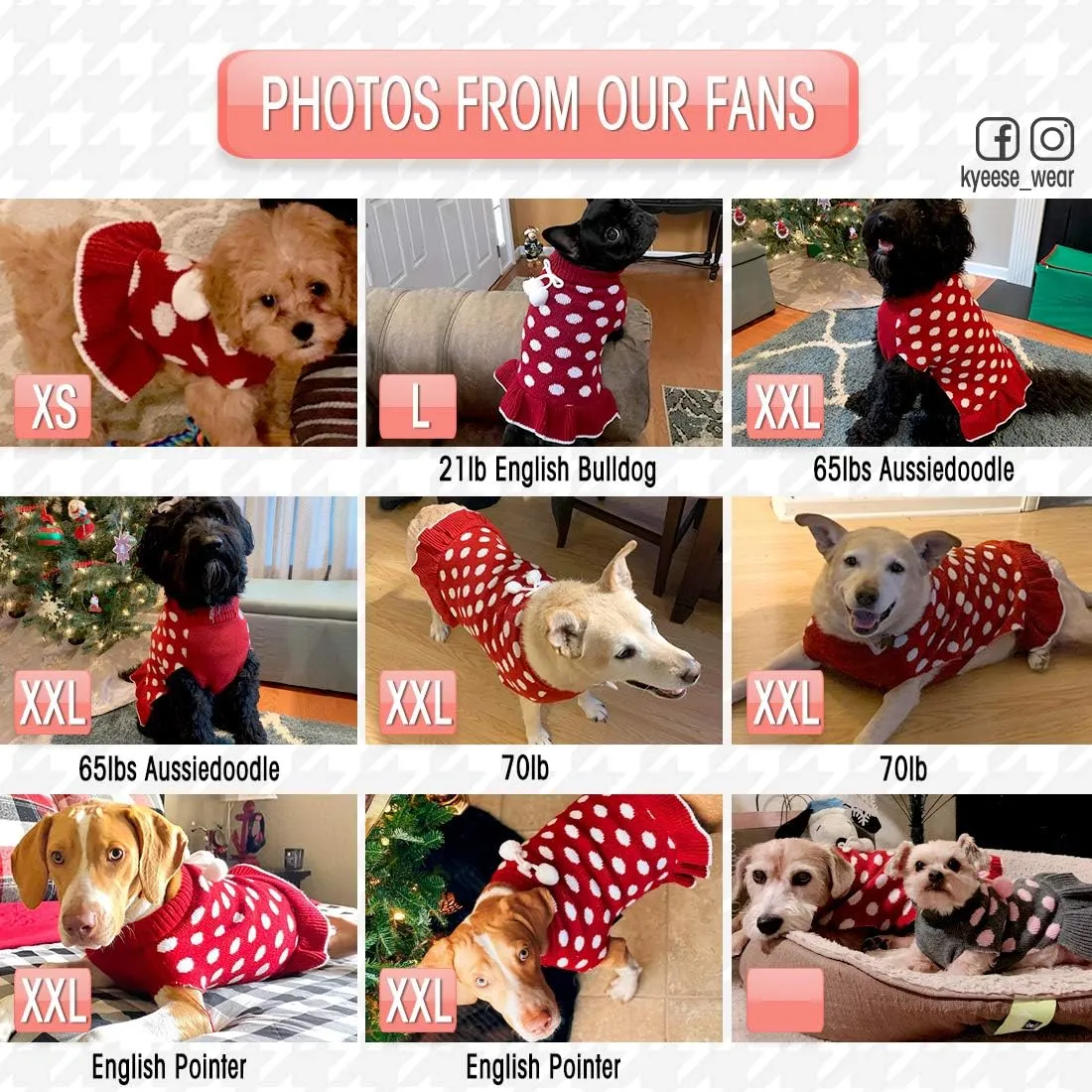 KYEESE Christmas Dog Sweater Dress with Leash Hole - Small Turtleneck for Girl Dog - Polka Dot Knit Warm Puppy Sweater with Pom Pom Ball