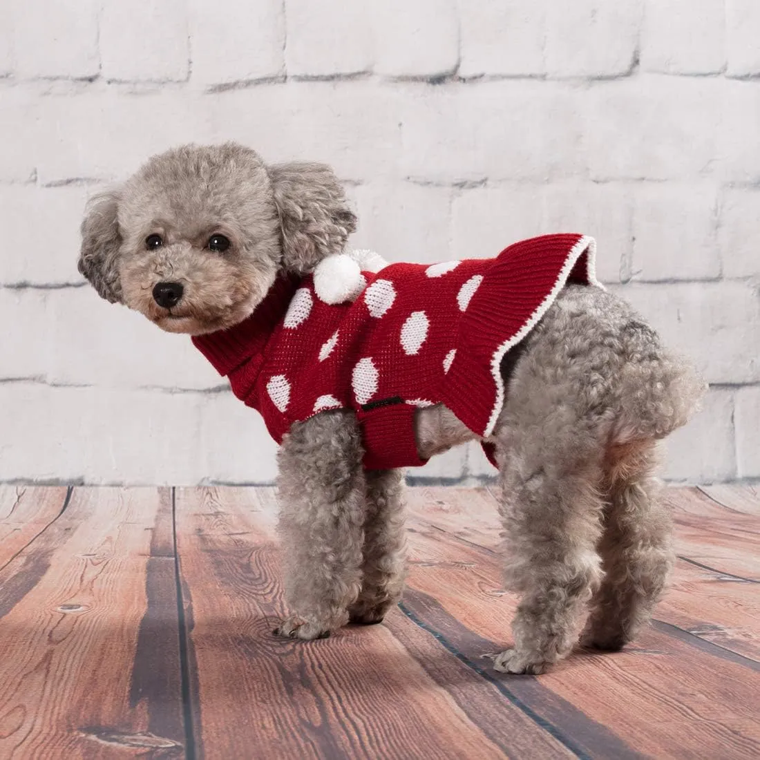 KYEESE Christmas Dog Sweater Dress with Leash Hole - Small Turtleneck for Girl Dog - Polka Dot Knit Warm Puppy Sweater with Pom Pom Ball