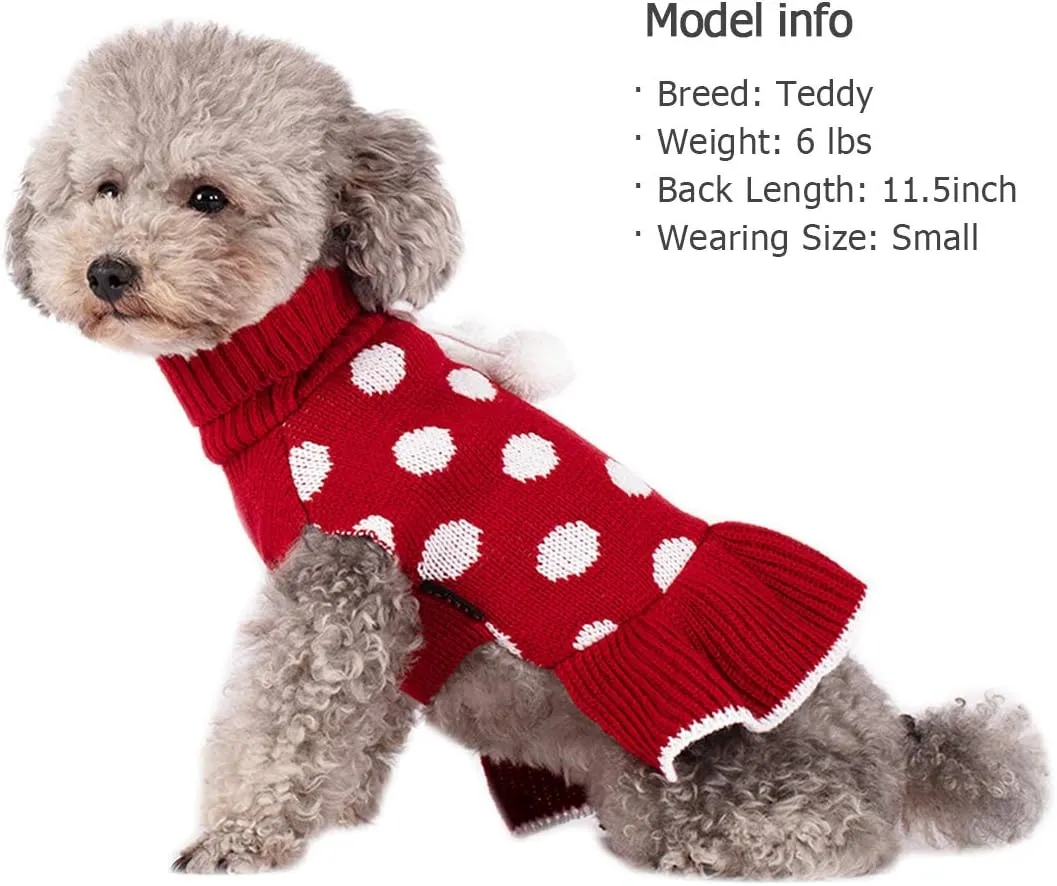 KYEESE Christmas Dog Sweater Dress with Leash Hole - Small Turtleneck for Girl Dog - Polka Dot Knit Warm Puppy Sweater with Pom Pom Ball