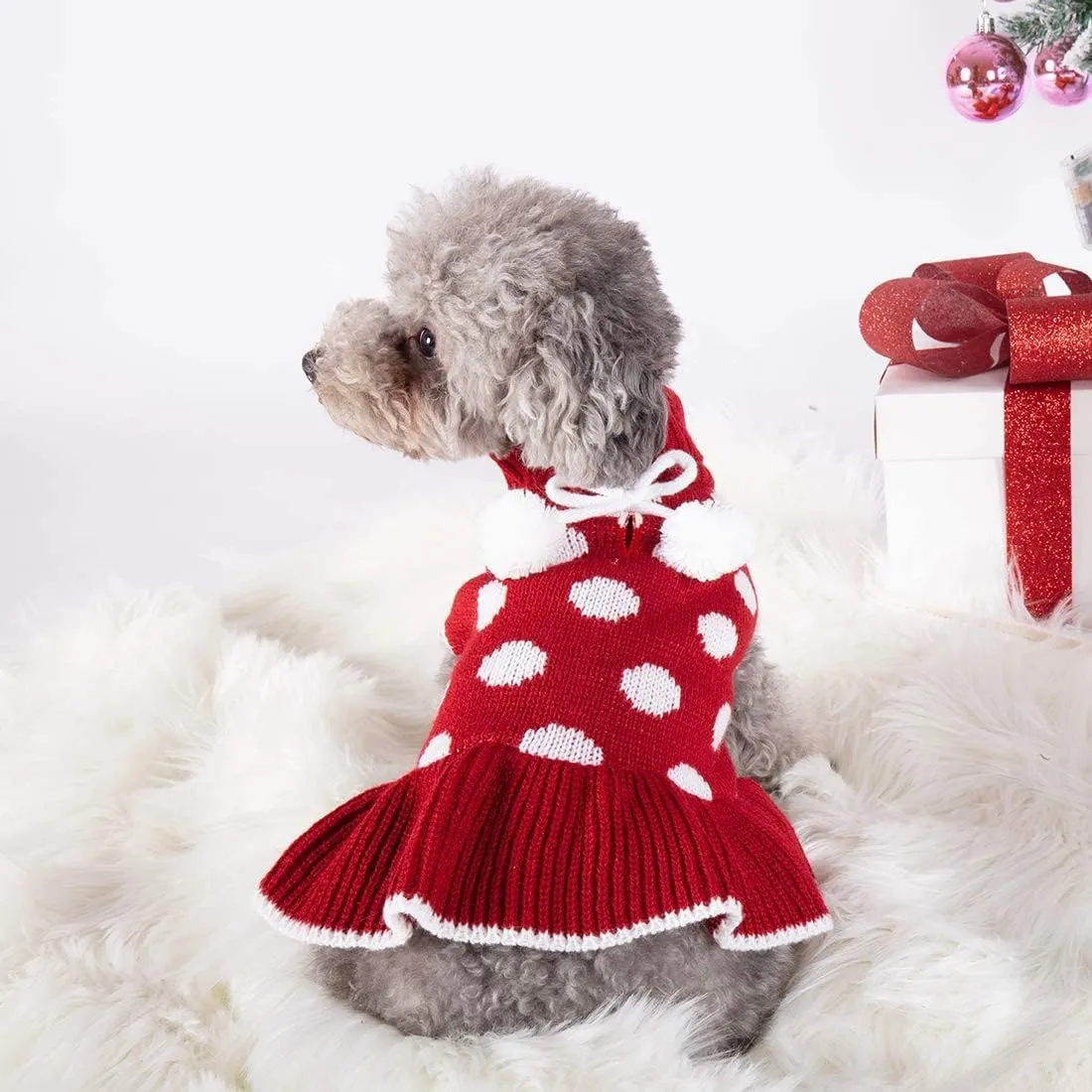 KYEESE Christmas Dog Sweater Dress with Leash Hole - Small Turtleneck for Girl Dog - Polka Dot Knit Warm Puppy Sweater with Pom Pom Ball