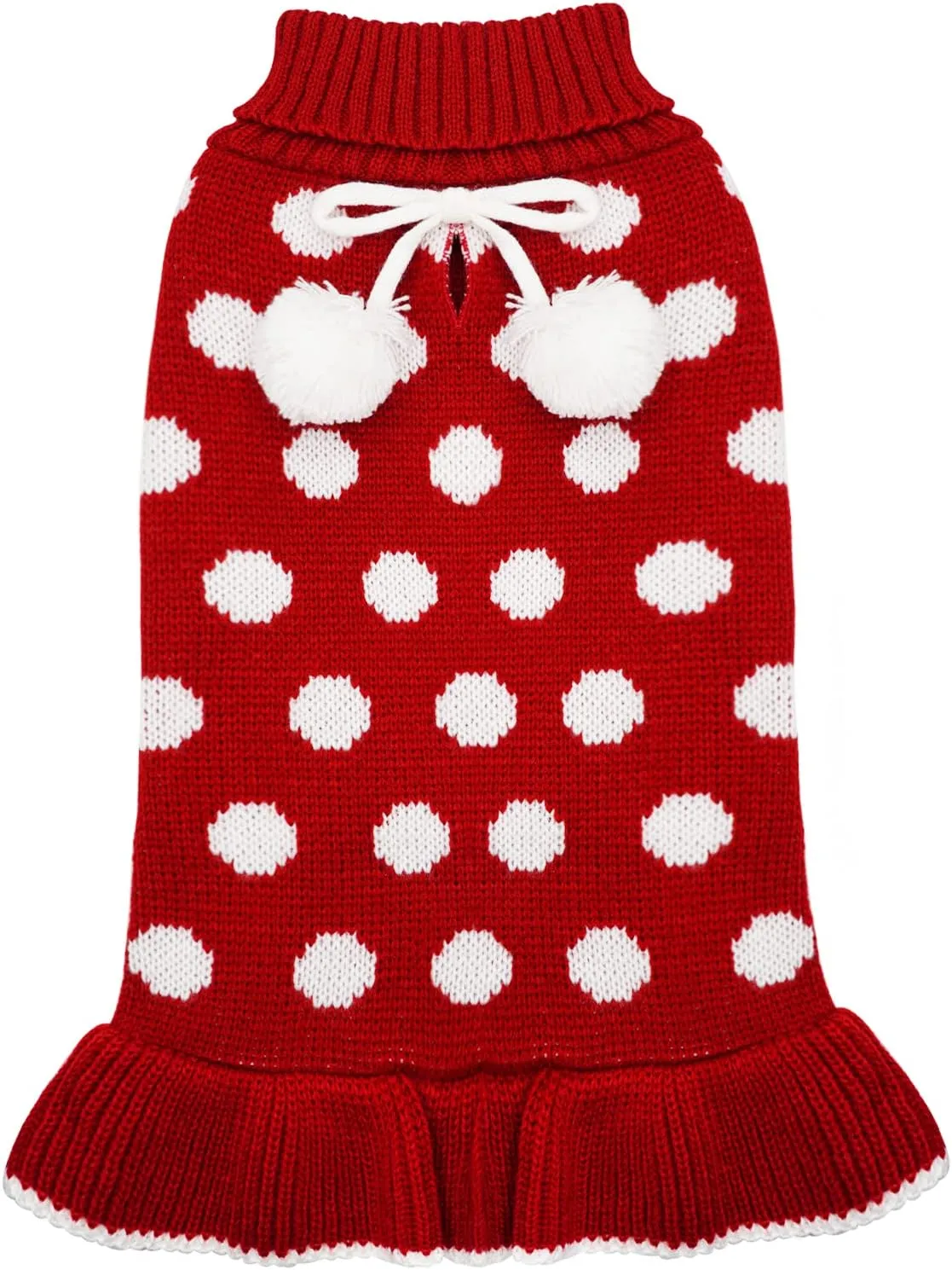KYEESE Christmas Dog Sweater Dress with Leash Hole - Small Turtleneck for Girl Dog - Polka Dot Knit Warm Puppy Sweater with Pom Pom Ball