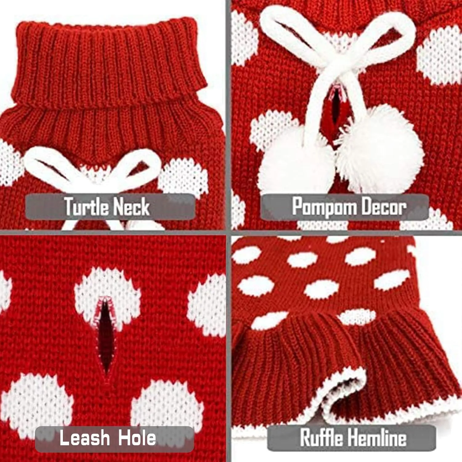 KYEESE Christmas Dog Sweater Dress with Leash Hole - Small Turtleneck for Girl Dog - Polka Dot Knit Warm Puppy Sweater with Pom Pom Ball