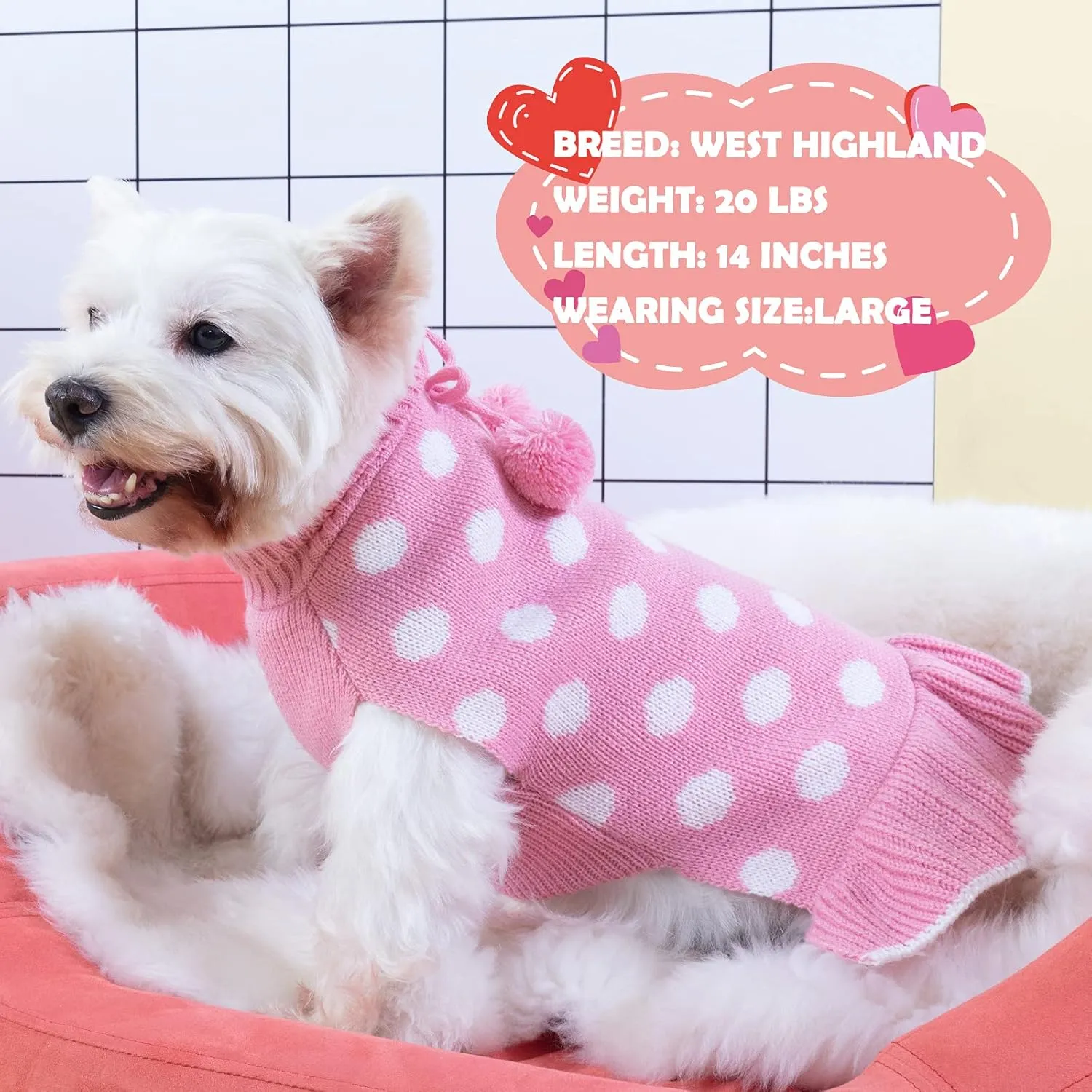 KYEESE Dog Sweater Dress for Small Dogs Pink for Girl Dog Sweater Polkadot with Leash Hole
