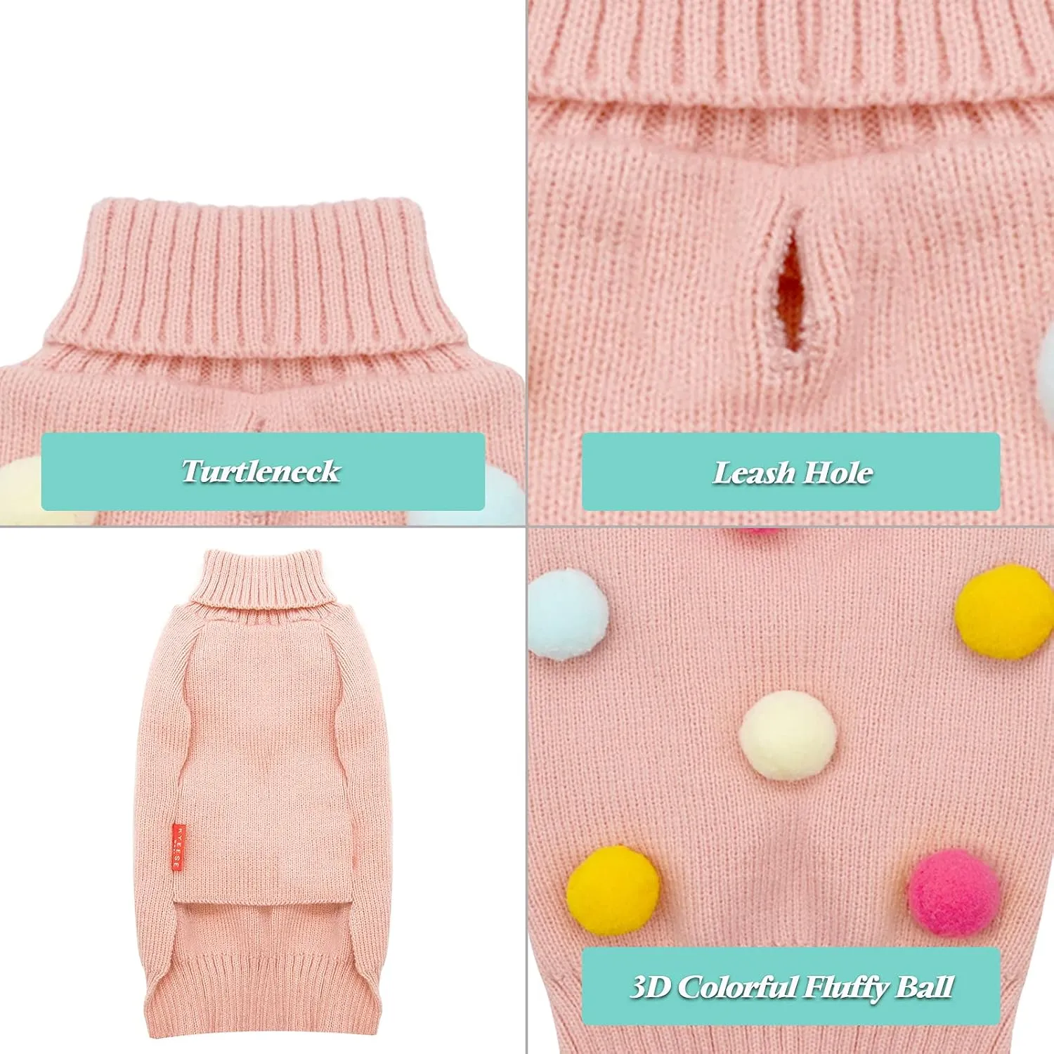 KYEESE Dog Sweater with Colorful Pompom Ball Turtleneck Dog Knitwear with Leash Hole for Small Dogs Puppy Cat Sweater,XS