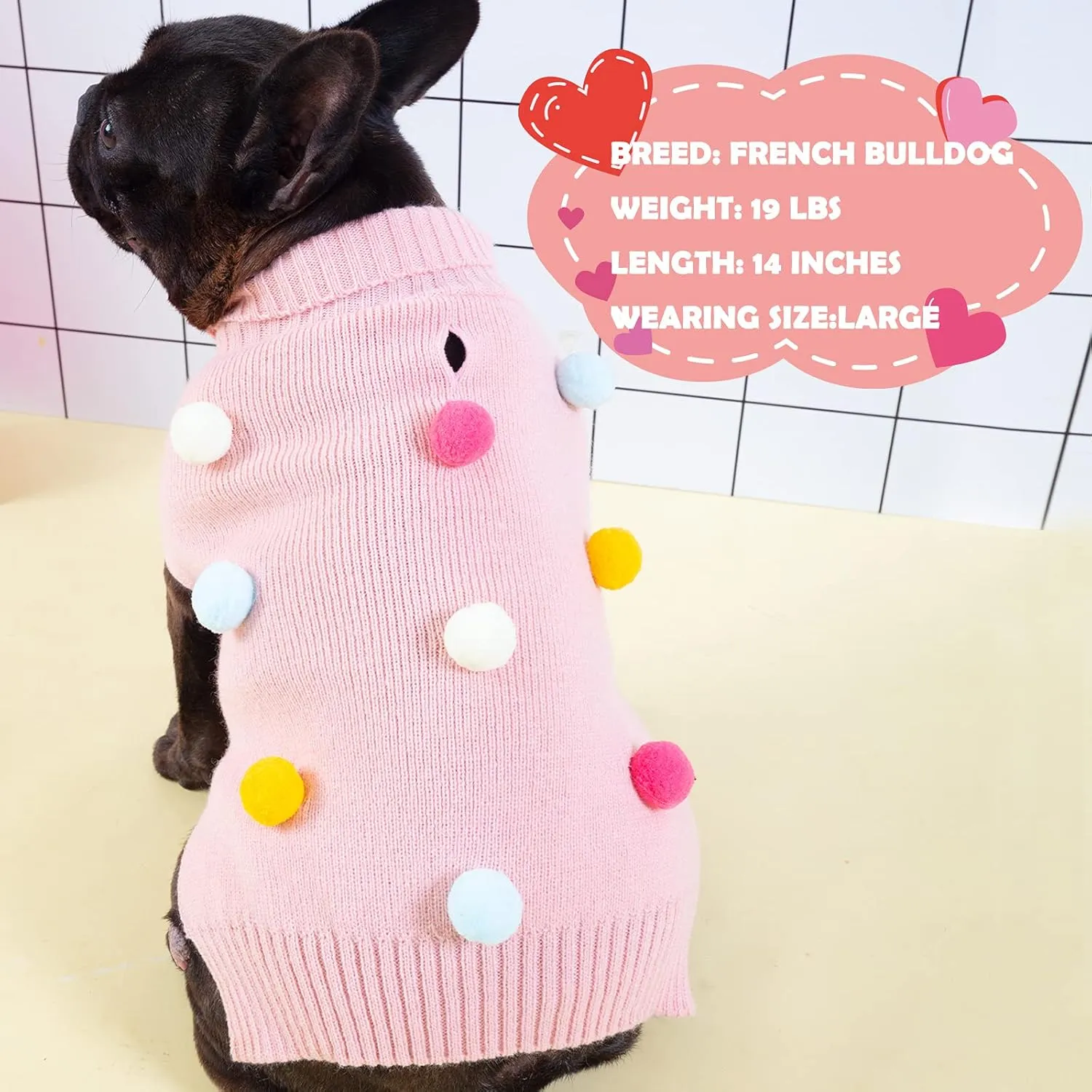 KYEESE Dog Sweater with Colorful Pompom Ball Turtleneck Dog Knitwear with Leash Hole for Small Dogs Puppy Cat Sweater,XS