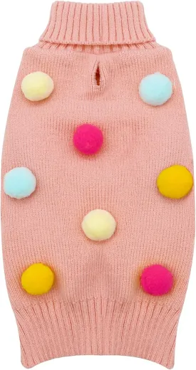 KYEESE Dog Sweater with Colorful Pompom Ball Turtleneck Dog Knitwear with Leash Hole for Small Dogs Puppy Cat Sweater,XS