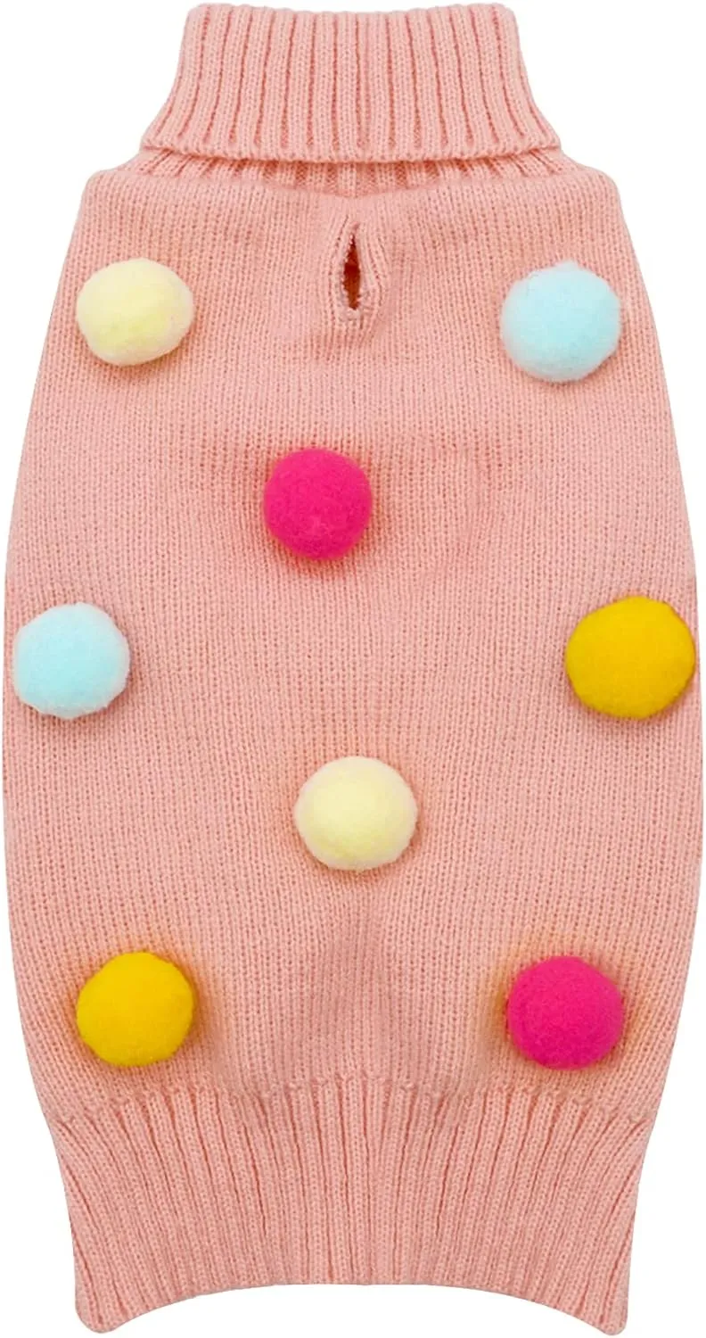 KYEESE Dog Sweater with Colorful Pompom Ball Turtleneck Dog Knitwear with Leash Hole for Small Dogs Puppy Cat Sweater,XS