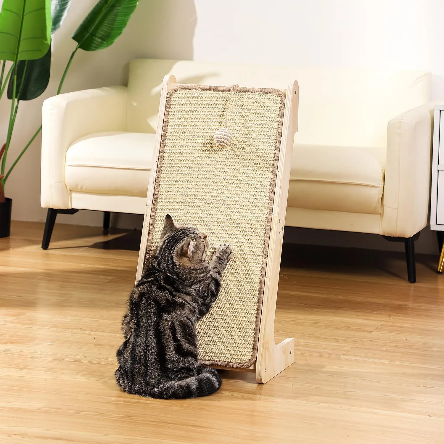 L-Shaped Cat Scratcher Ramp with Sisal Pad & Ball Toy - Furniture Protector