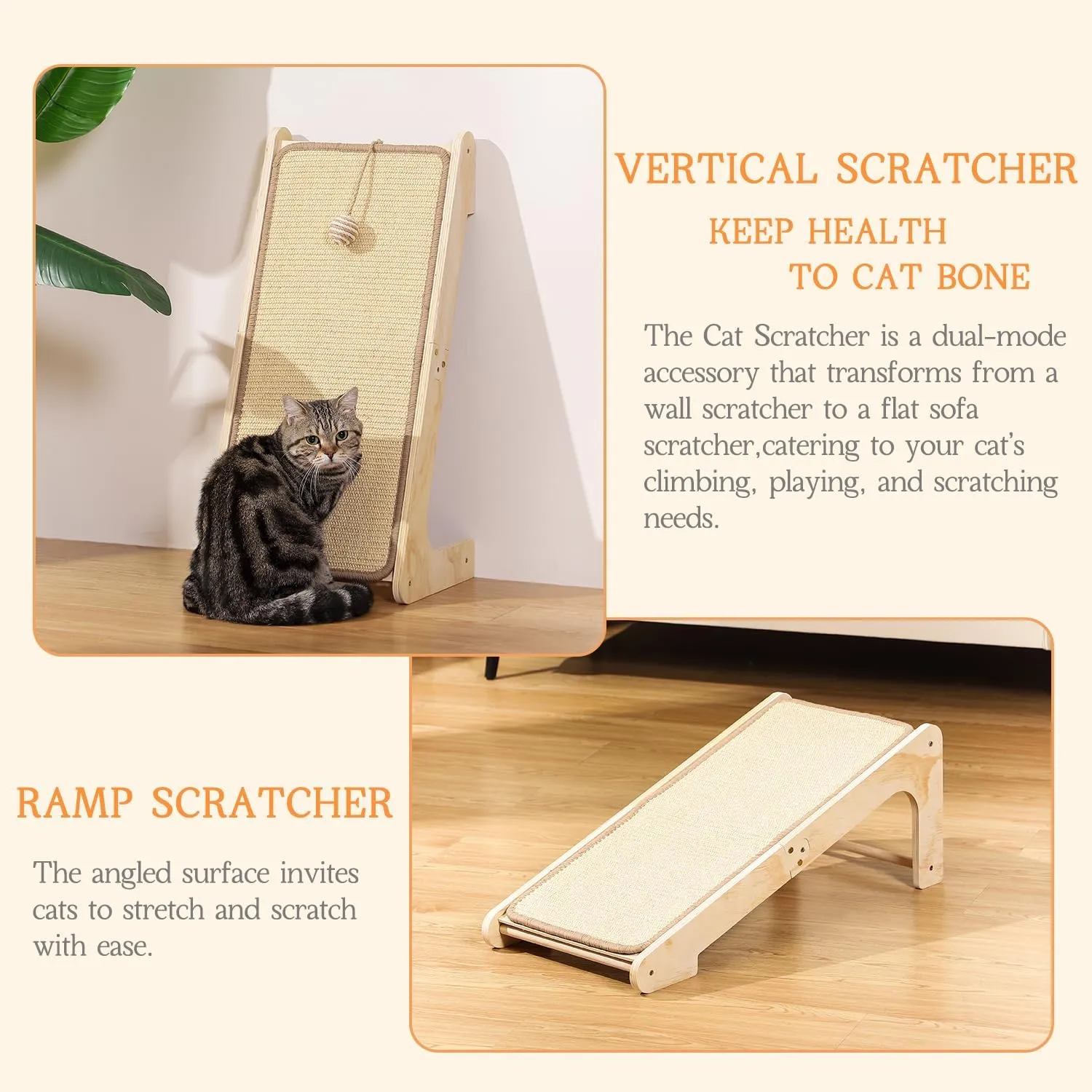 L-Shaped Cat Scratcher Ramp with Sisal Pad & Ball Toy - Furniture Protector