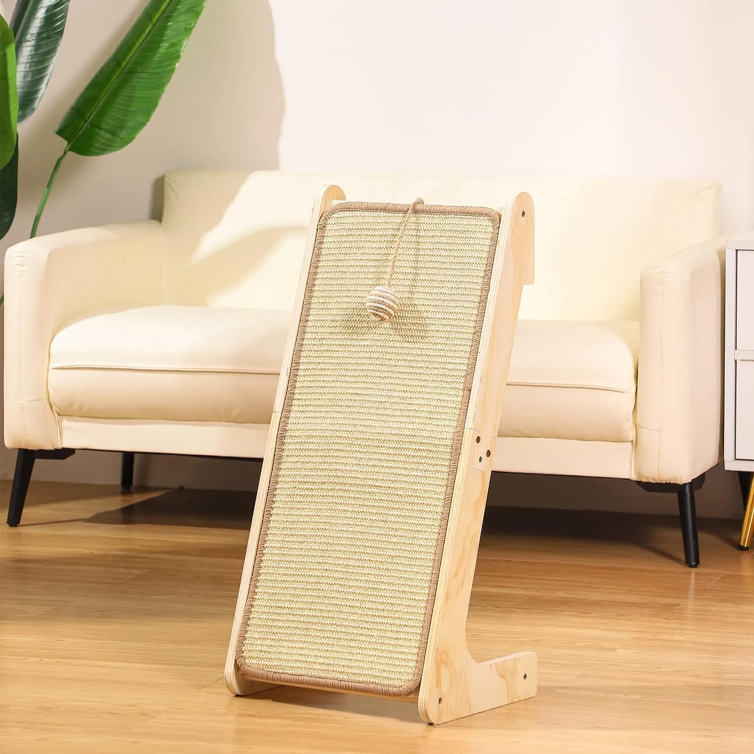 L-Shaped Cat Scratcher Ramp with Sisal Pad & Ball Toy - Furniture Protector
