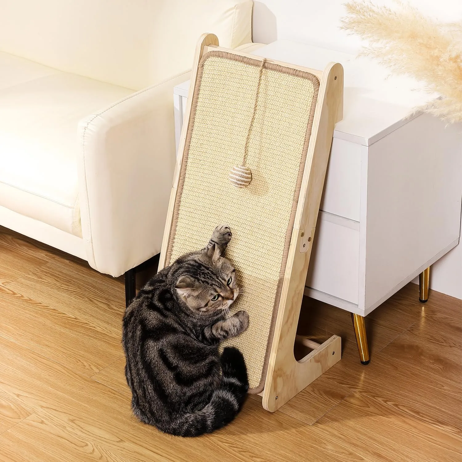 L-Shaped Cat Scratcher Ramp with Sisal Pad & Ball Toy - Furniture Protector