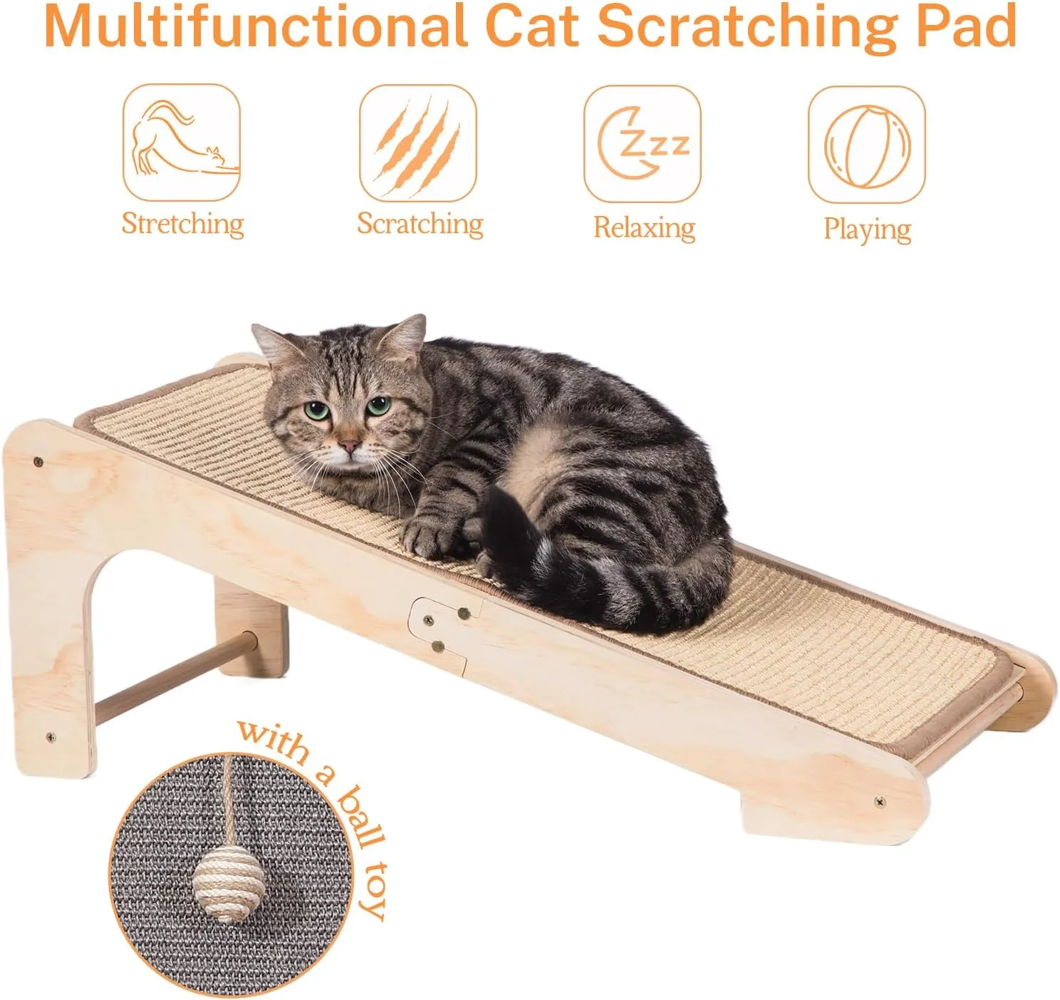 L-Shaped Cat Scratcher Ramp with Sisal Pad & Ball Toy - Furniture Protector
