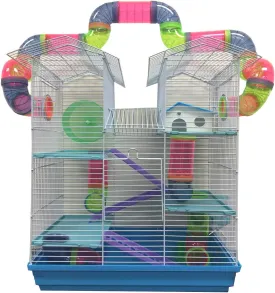 Large Multi Level Twin Tower Expansible and Customizable Habitat Hamster Rodent Gerbils Mouse Mice Small Animal Home Cage with Crossing Tube with Full Set of Accessories