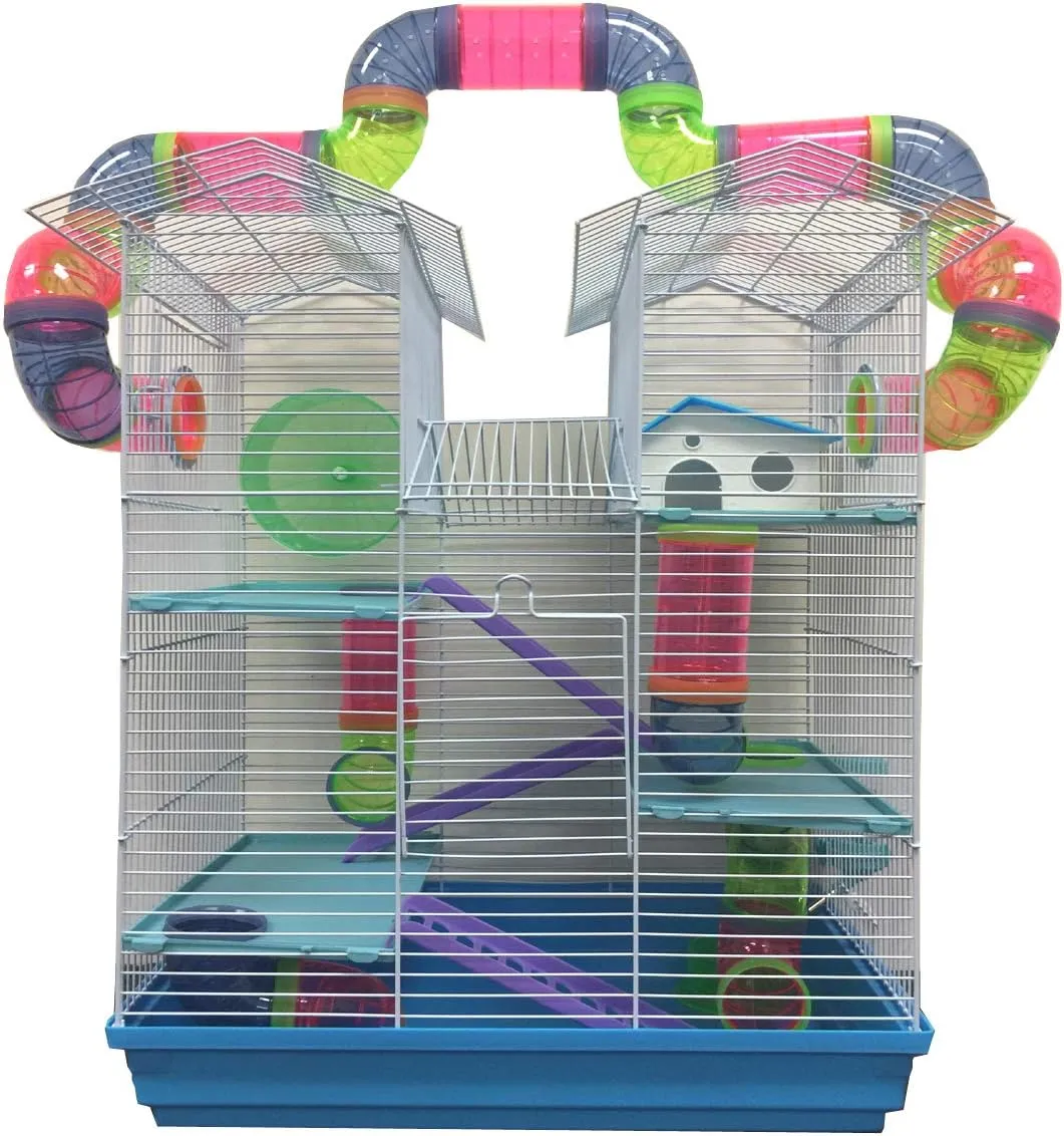 Large Multi Level Twin Tower Expansible and Customizable Habitat Hamster Rodent Gerbils Mouse Mice Small Animal Home Cage with Crossing Tube with Full Set of Accessories