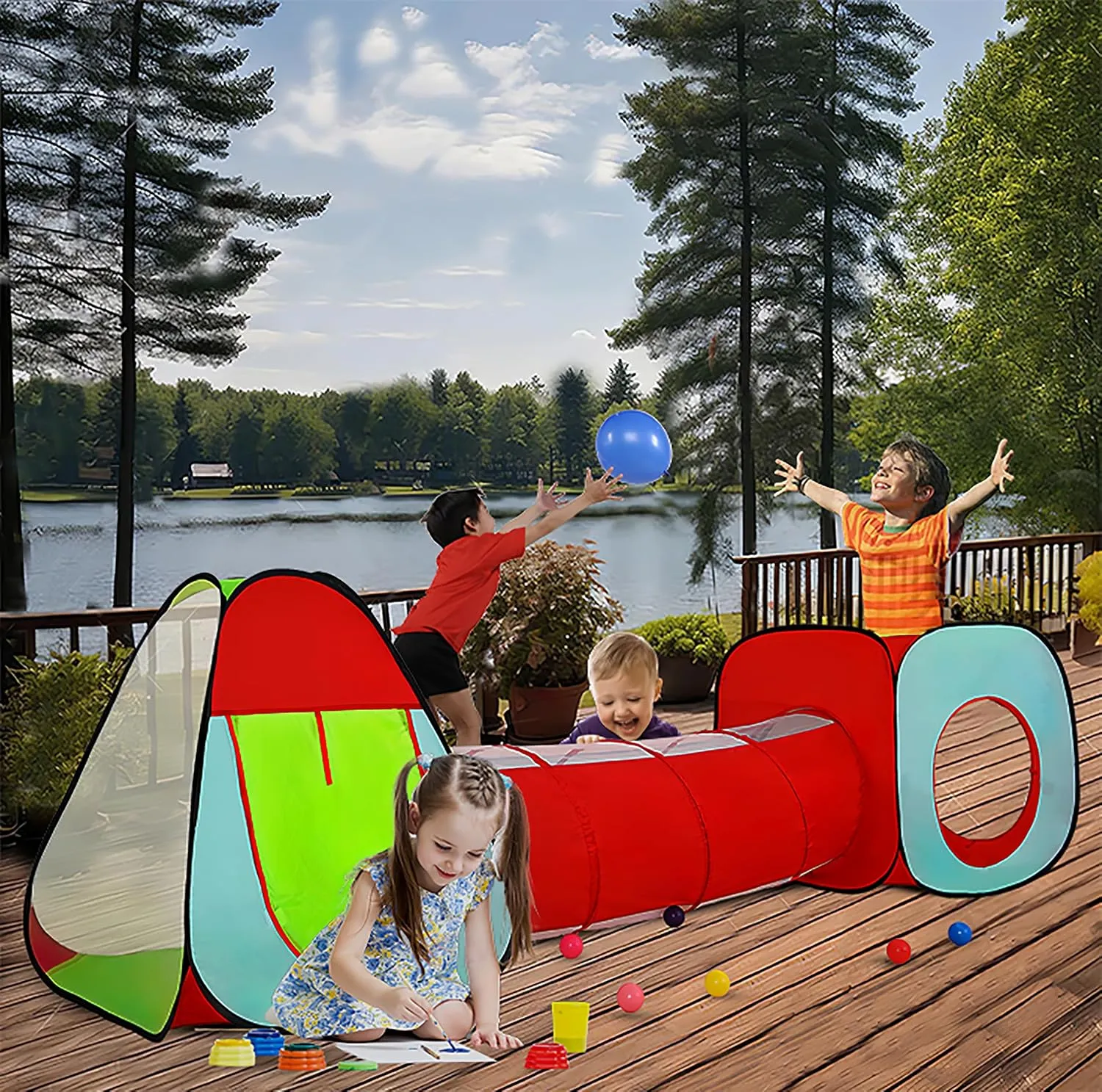 LimitlessFunN 3pc Pop Up Kids Play Tent, Crawl Tunnel, Ball Pit | Includes Carrying Case |, Children Indoor Playhouse for Baby, Toddlers, Boys & Girls, 47" D x 126" W x 34" H