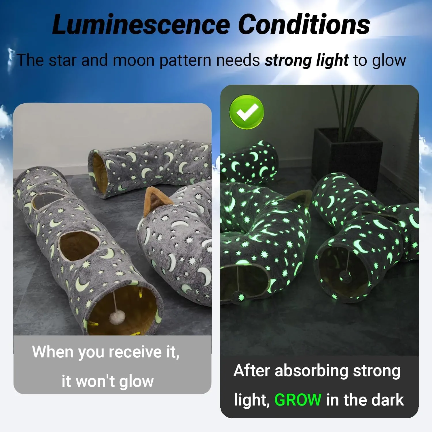 LUCKITTY Cat Tunnel Tube with Plush Ball Toys Collapsible Self-Luminous Photoluminescence, for Small Pets Bunny Rabbits, Kittens, Ferrets,Puppy and Dogs Grey Moon Star (S-Shape)