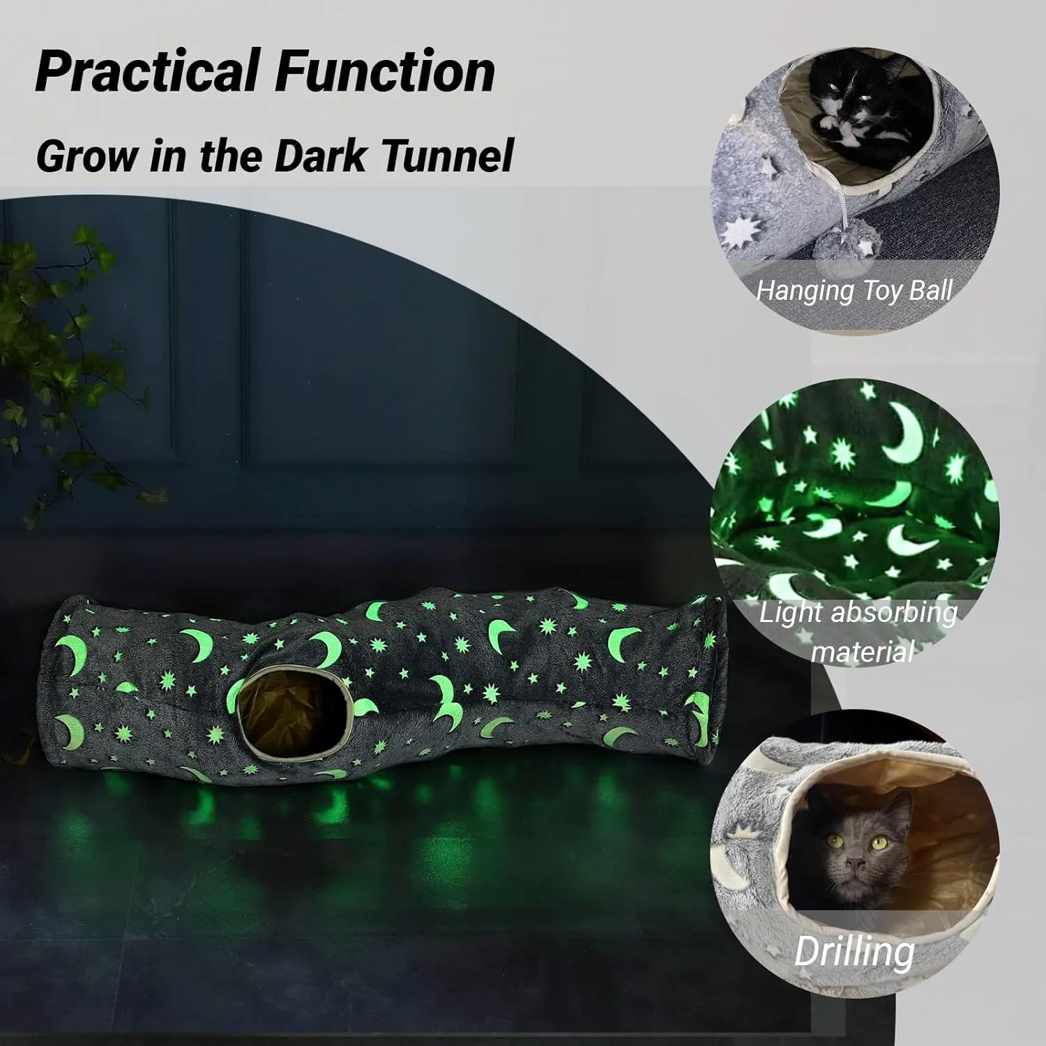 LUCKITTY Cat Tunnel Tube with Plush Ball Toys Collapsible Self-Luminous Photoluminescence, for Small Pets Bunny Rabbits, Kittens, Ferrets,Puppy and Dogs Grey Moon Star (S-Shape)
