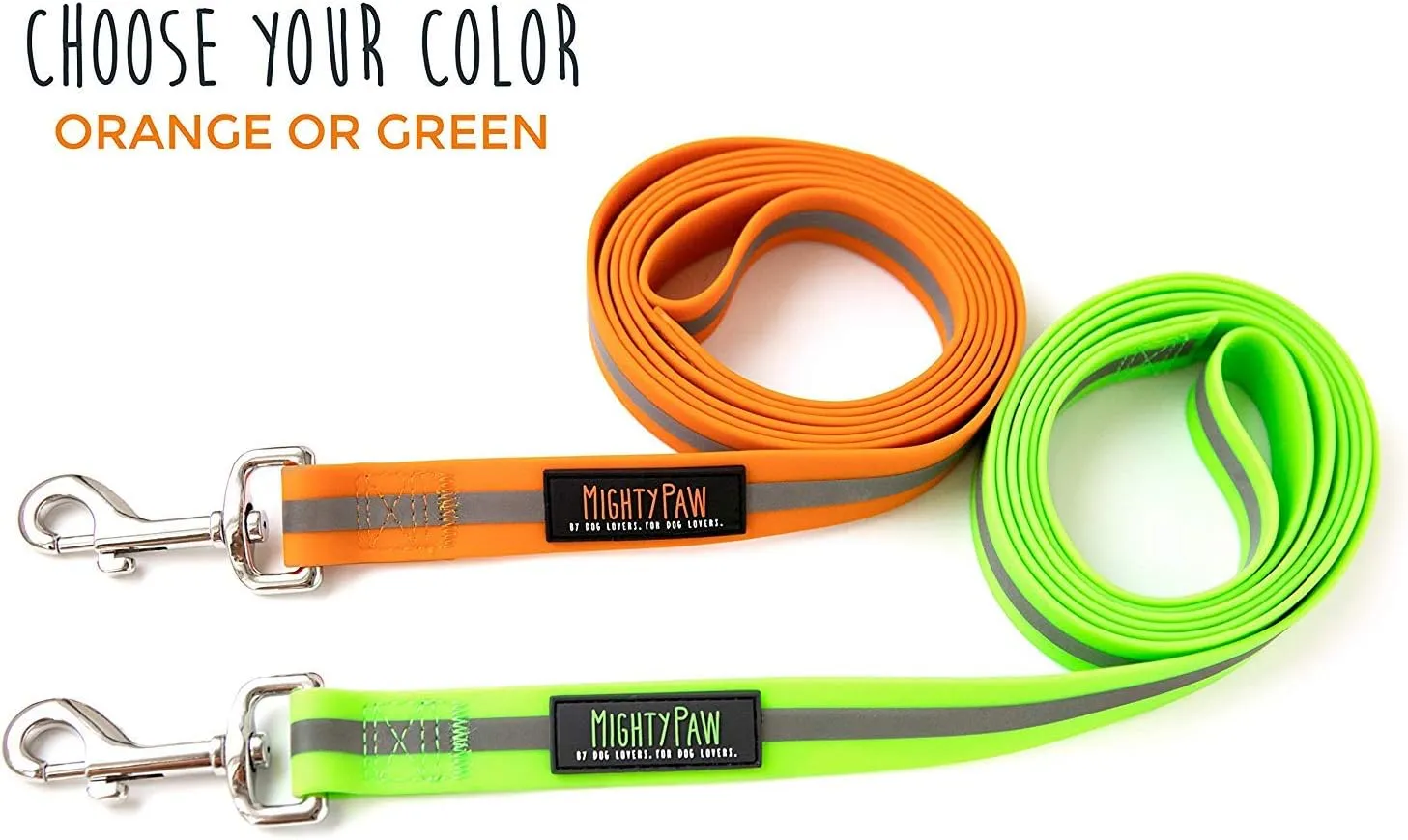 Mighty Paw Waterproof Dog Leash - Smell-Proof Pet Lead Against Dog Foot Smell - Ideal Nylon Reflective Leash for Swimming - Camping - Hiking - Reflective Safety Stripe - 6 Foot - Green