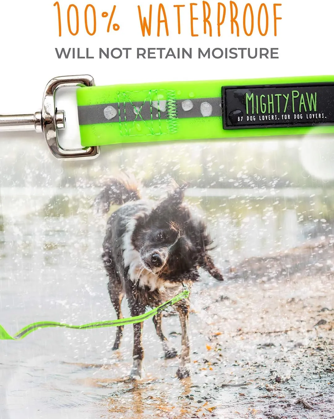 Mighty Paw Waterproof Dog Leash - Smell-Proof Pet Lead Against Dog Foot Smell - Ideal Nylon Reflective Leash for Swimming - Camping - Hiking - Reflective Safety Stripe - 6 Foot - Green