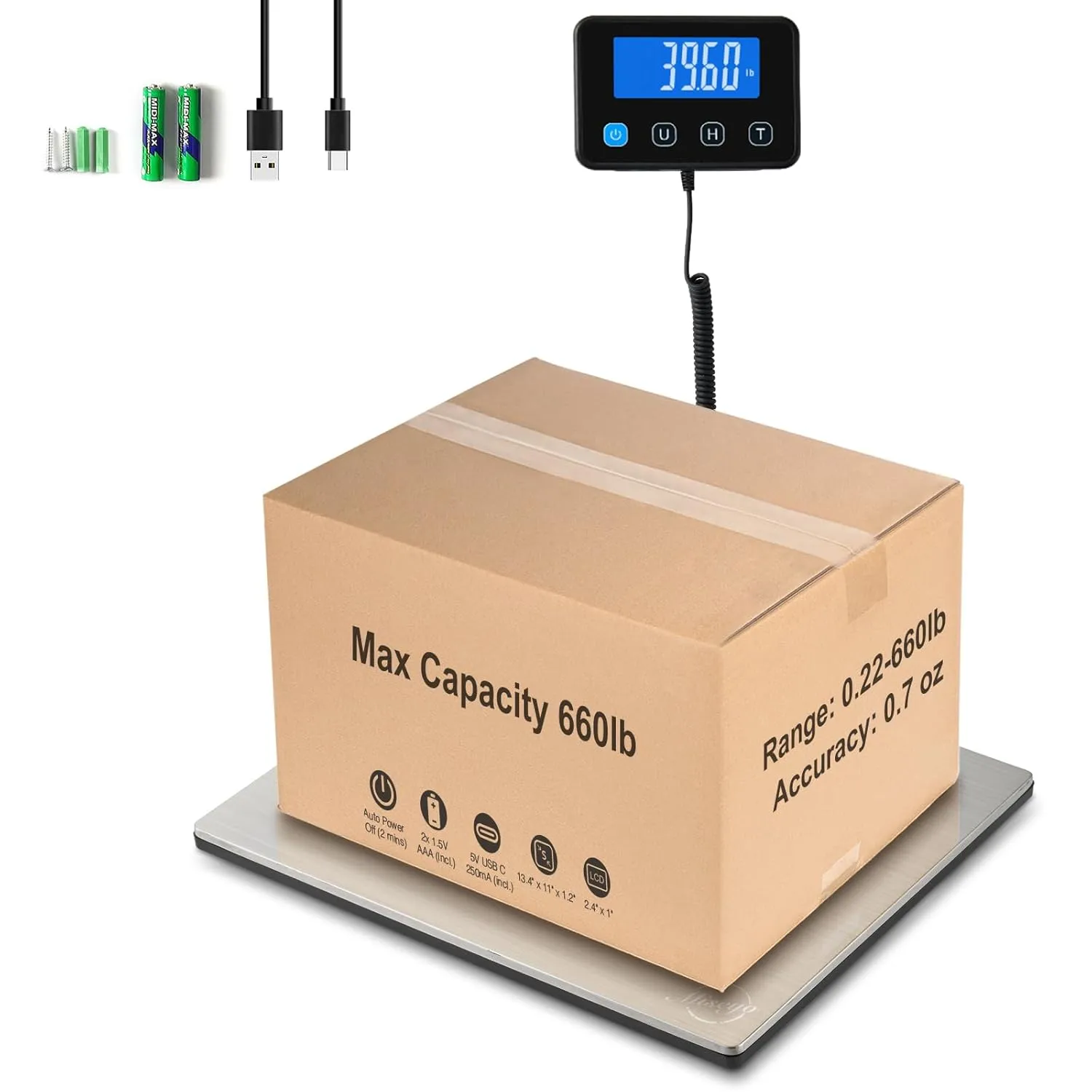 Miseyo 660lbs Heavy Duty Digital Shipping Scale - 0.7oz High Accurate Stainless Steel Postal Scale for Packages, Luggage, Small Business, Warehouse, Battery & Charging Cable Included