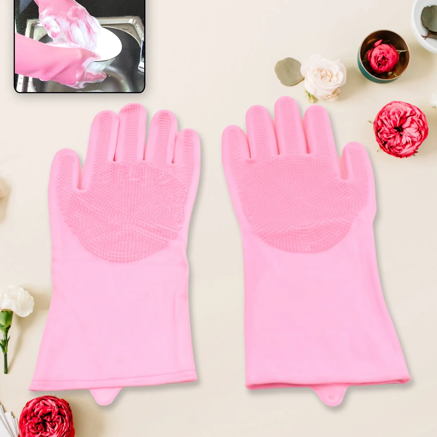 Silicone Dishwashing Gloves with Scrubber, Reusable