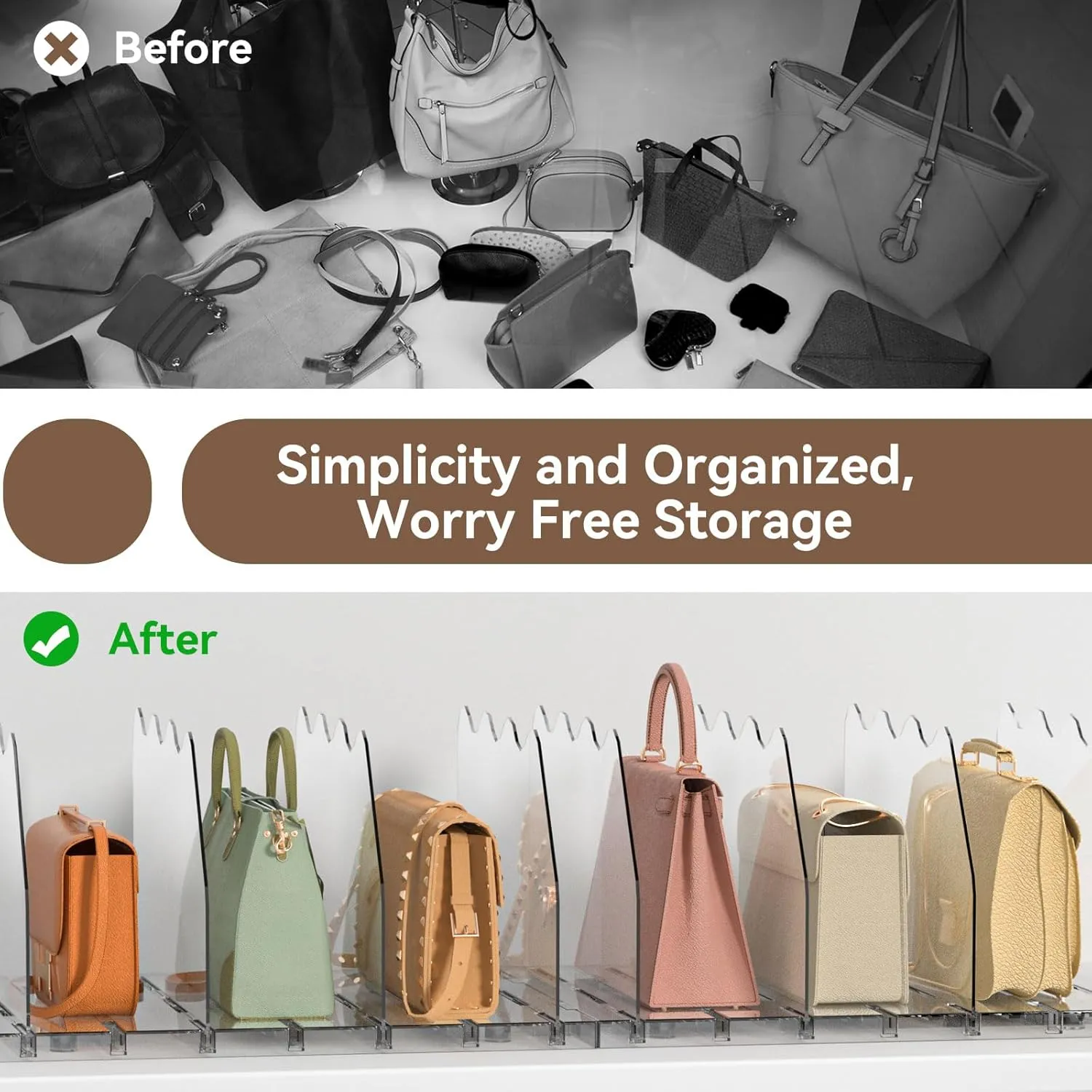 SOYO Adjustable Clear Purse Organizers for Closet, Acrylic Shelf Divider for Bag and Purse Storage, Pocketbook and Handbag Organizer, Bookshelf Separator Organizers for House, Office Use, Clear2pc