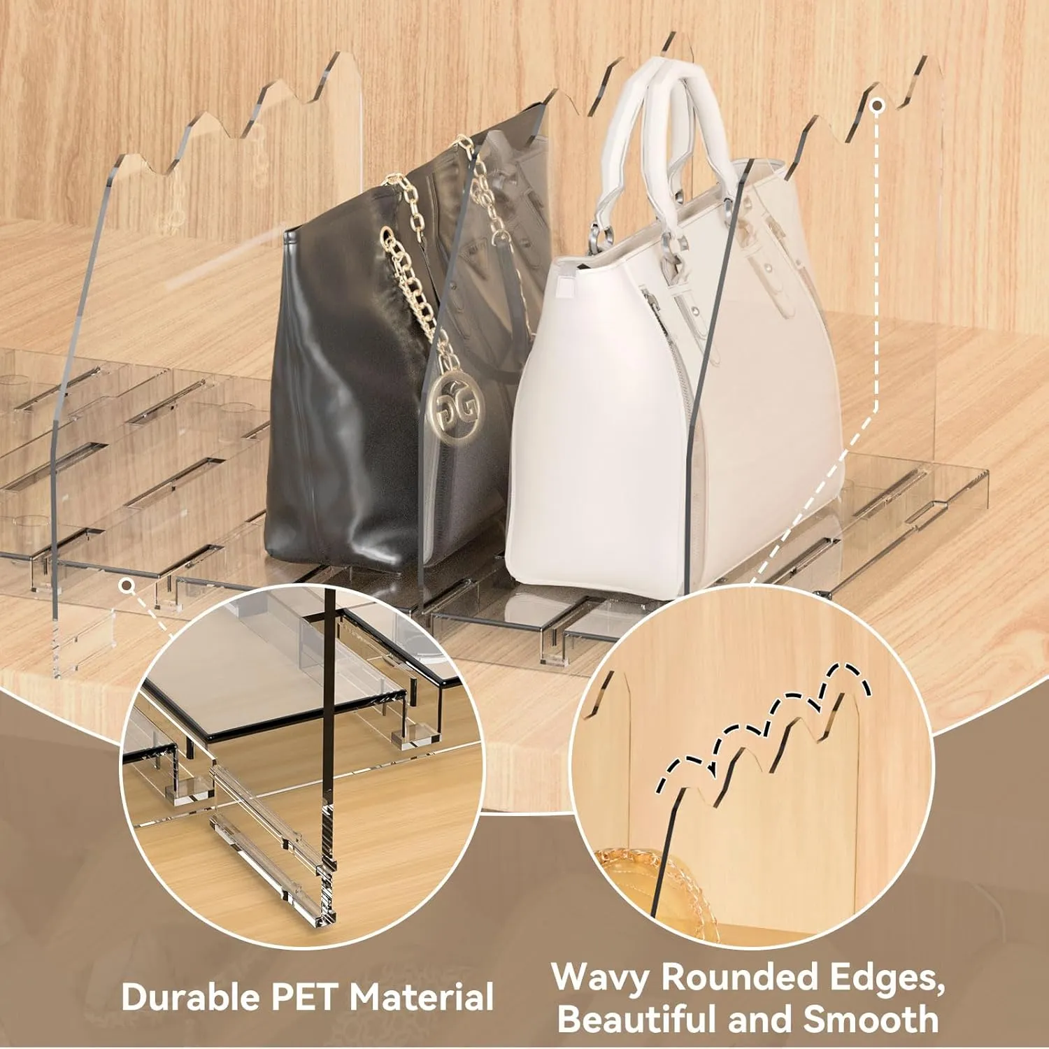SOYO Adjustable Clear Purse Organizers for Closet, Acrylic Shelf Divider for Bag and Purse Storage, Pocketbook and Handbag Organizer, Bookshelf Separator Organizers for House, Office Use, Clear2pc