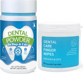 Spanielbuns Dog Dental Care Bundle - Pet Dental Wipes & Tooth Powder for Cats & Dogs - Tartar Remover, Breath Freshener, Plaque Control with Probiotics & Natural Ingredients - 50ct Pre-Soaked Wipes &
