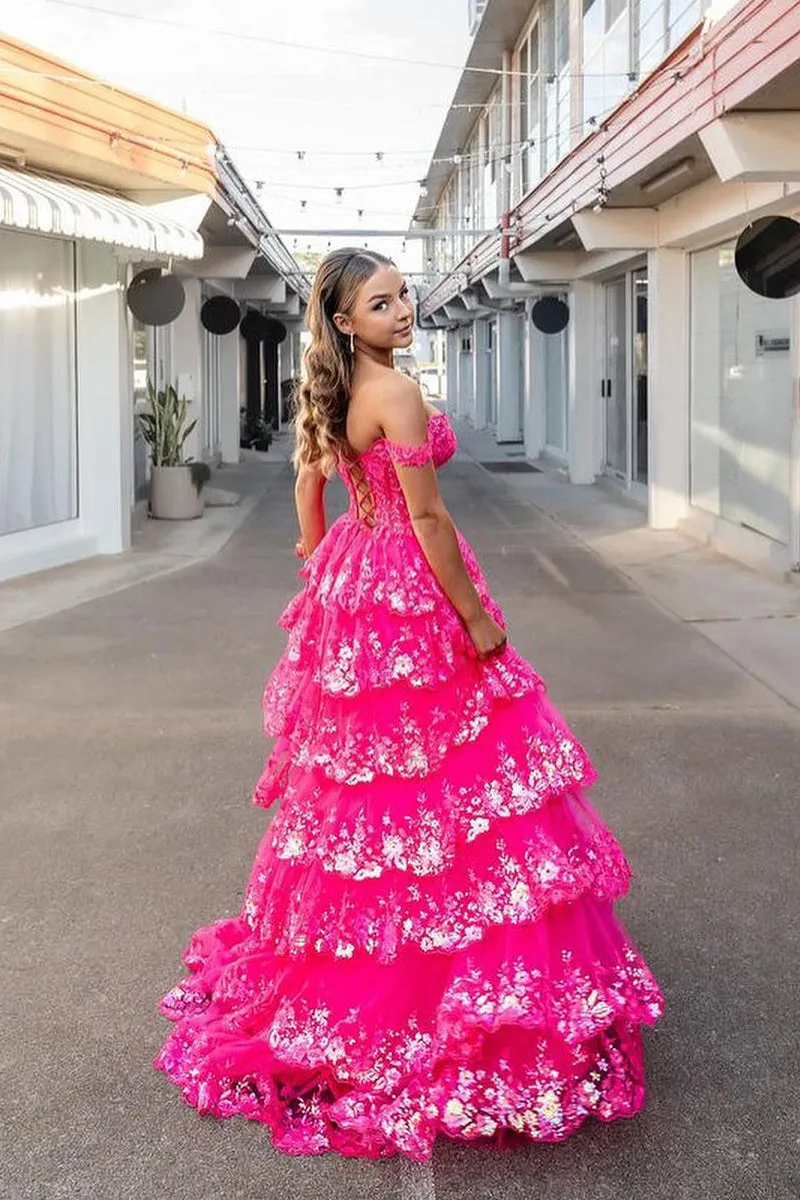 Sparkly Ball Gown Sweetheart Hot Pink Sequins Tiered Tulle Prom Dresses VK0731100