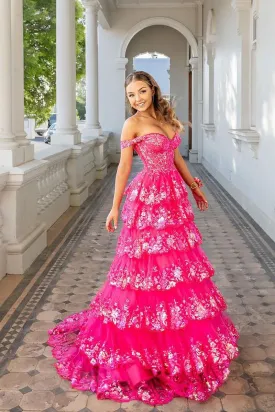 Sparkly Ball Gown Sweetheart Hot Pink Sequins Tiered Tulle Prom Dresses VK0731100