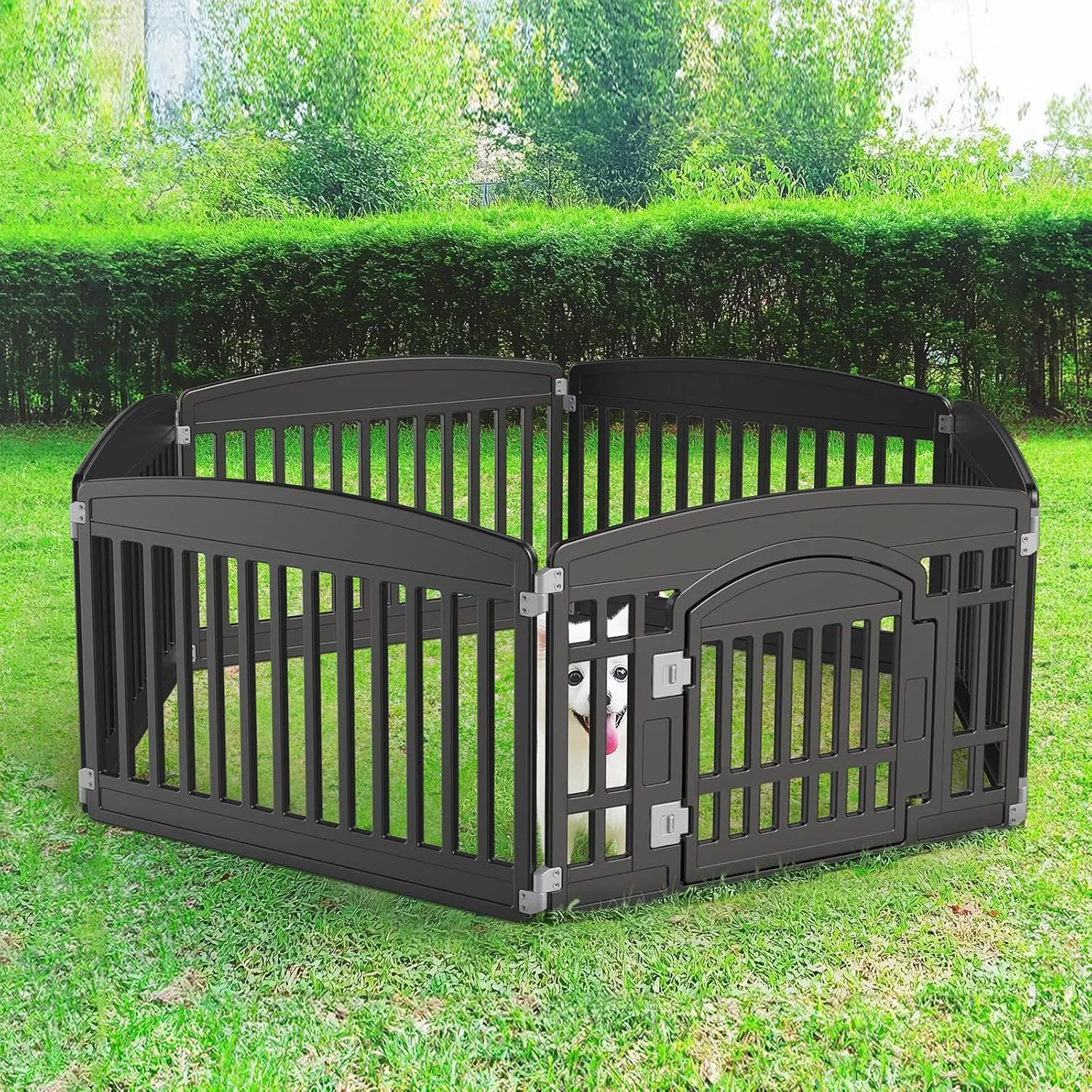 Sweetcrispy Plastic Dog Playpen - 6-Panel 24" Expandable & Durable Pet Fence for Medium Dogs - Indoor & Outdoor Portable Puppy Playpen with Secure Locking Door, Black