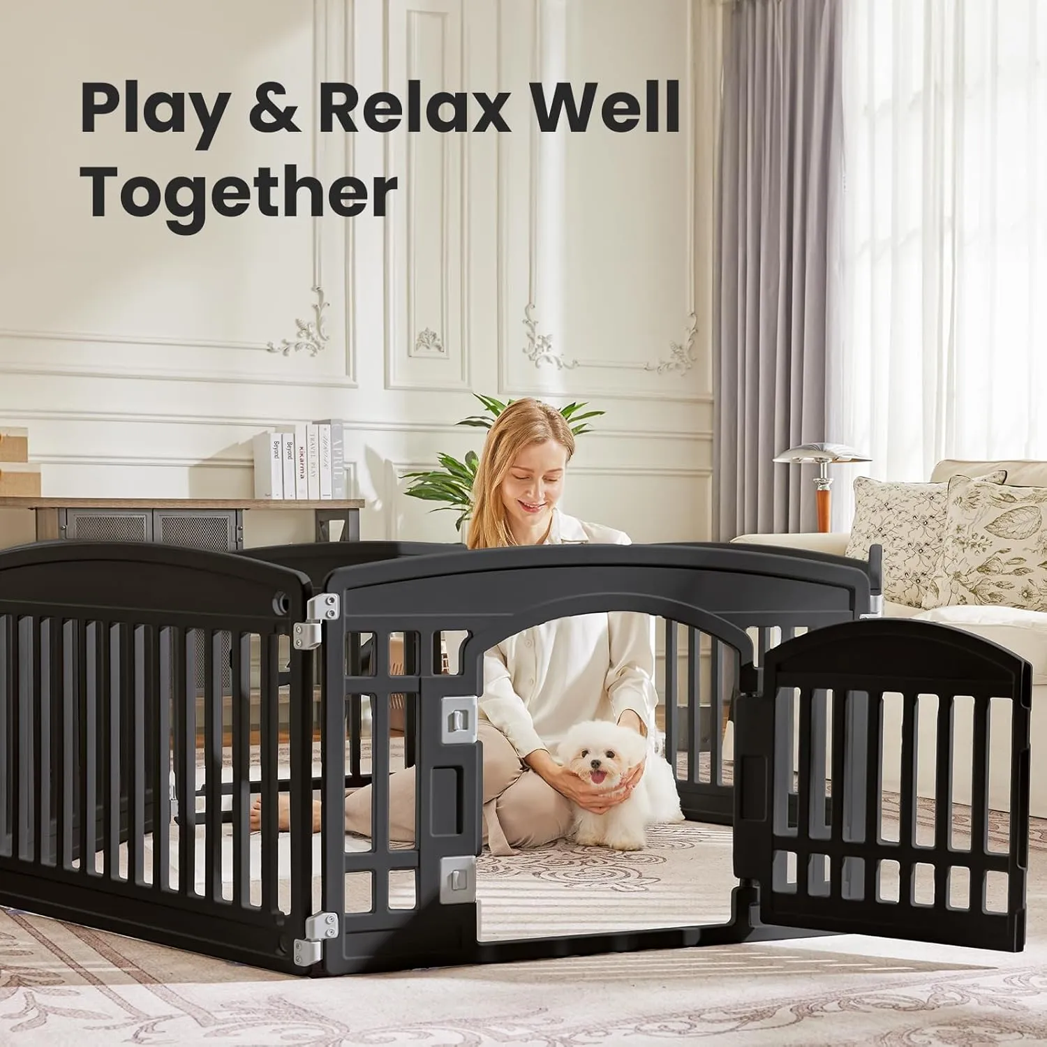 Sweetcrispy Plastic Dog Playpen - 6-Panel 24" Expandable & Durable Pet Fence for Medium Dogs - Indoor & Outdoor Portable Puppy Playpen with Secure Locking Door, Black