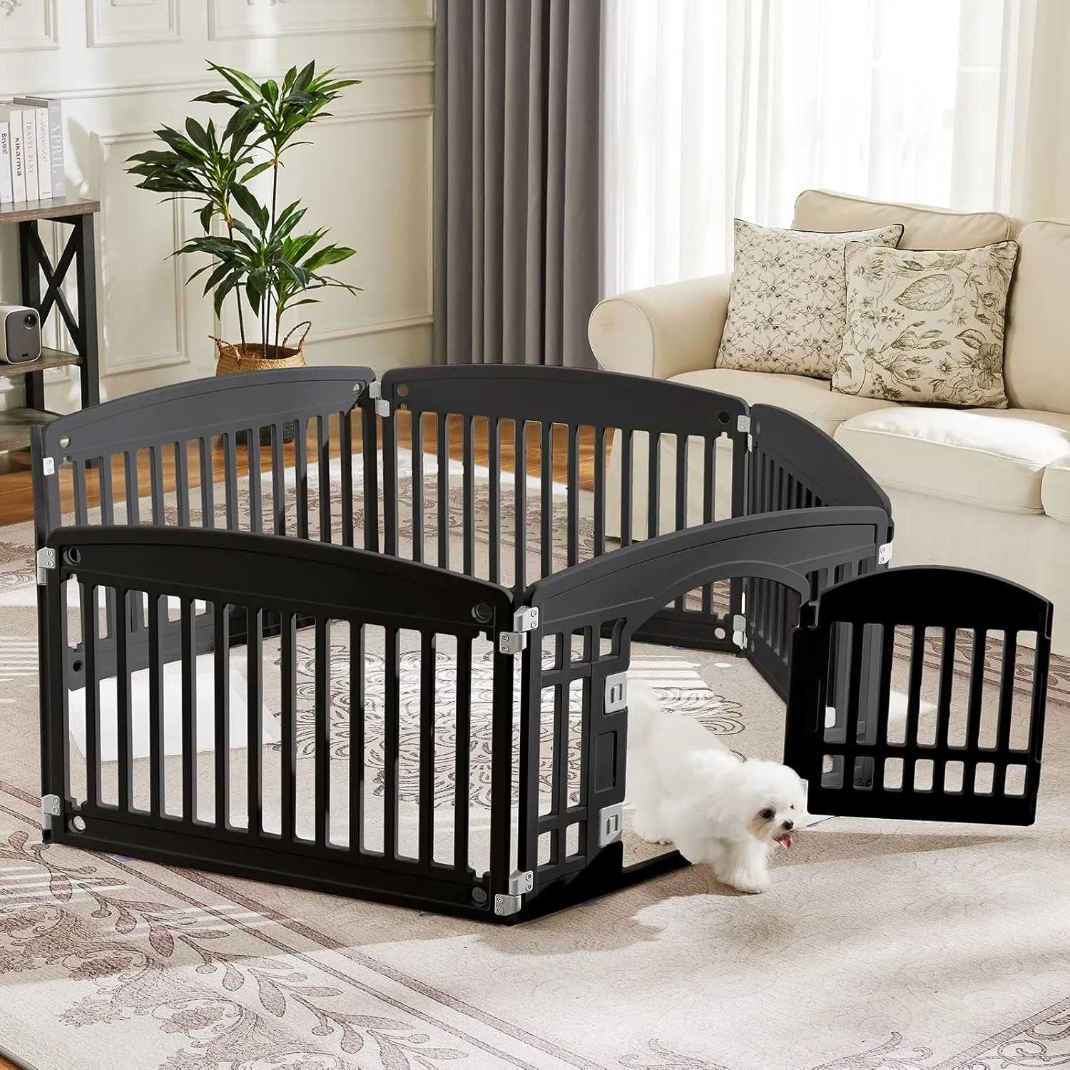 Sweetcrispy Plastic Dog Playpen - 6-Panel 24" Expandable & Durable Pet Fence for Medium Dogs - Indoor & Outdoor Portable Puppy Playpen with Secure Locking Door, Black