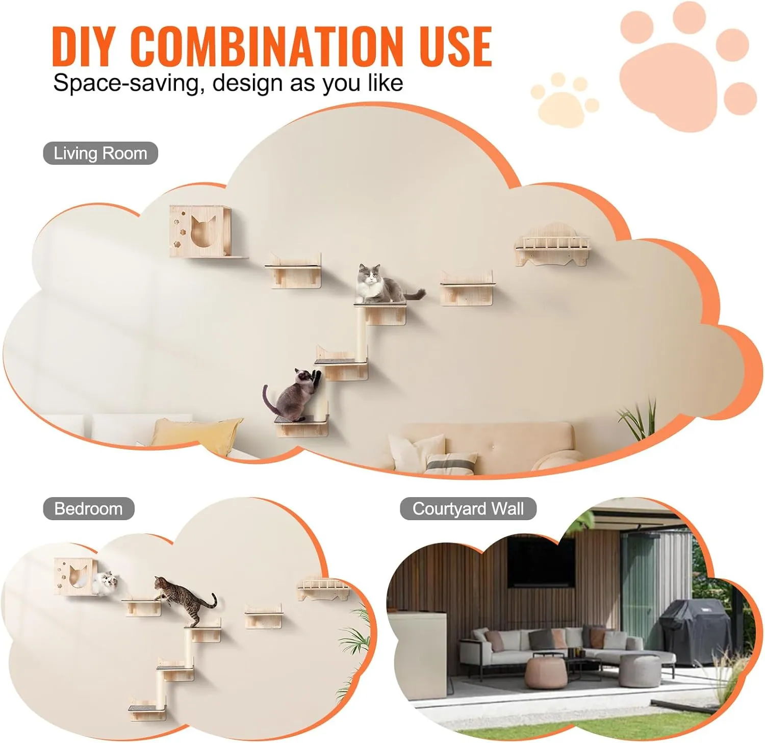 VEVOR Wall Mounted Cat Shelves, Wall Shelves and Perches with Jumping Boards, Nest, Barrier Board & Cat Tree, Cat Floating Furniture up to 40 lbs for Sleeping, Playing, Climbing, Set of 5