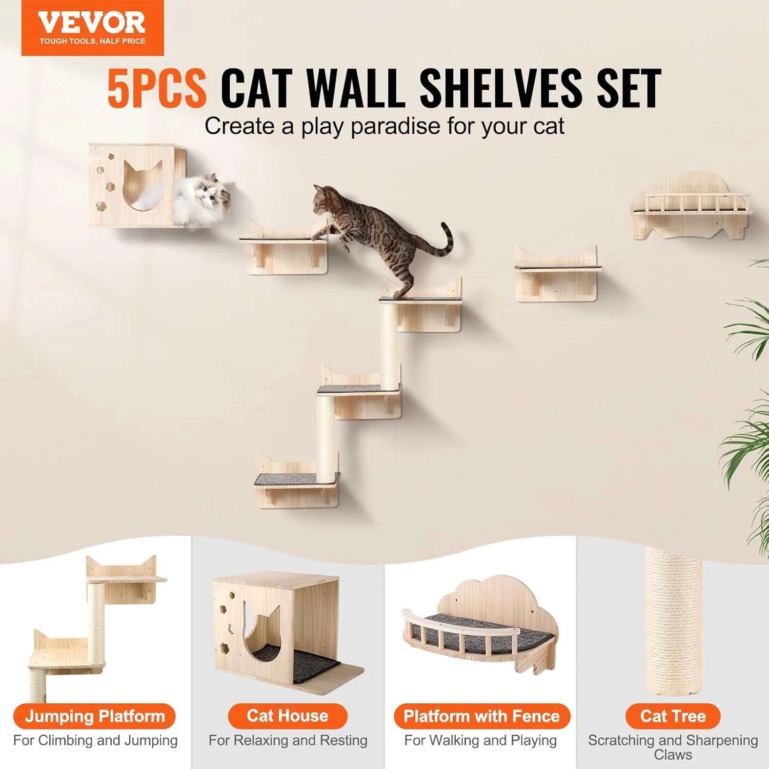 VEVOR Wall Mounted Cat Shelves, Wall Shelves and Perches with Jumping Boards, Nest, Barrier Board & Cat Tree, Cat Floating Furniture up to 40 lbs for Sleeping, Playing, Climbing, Set of 5