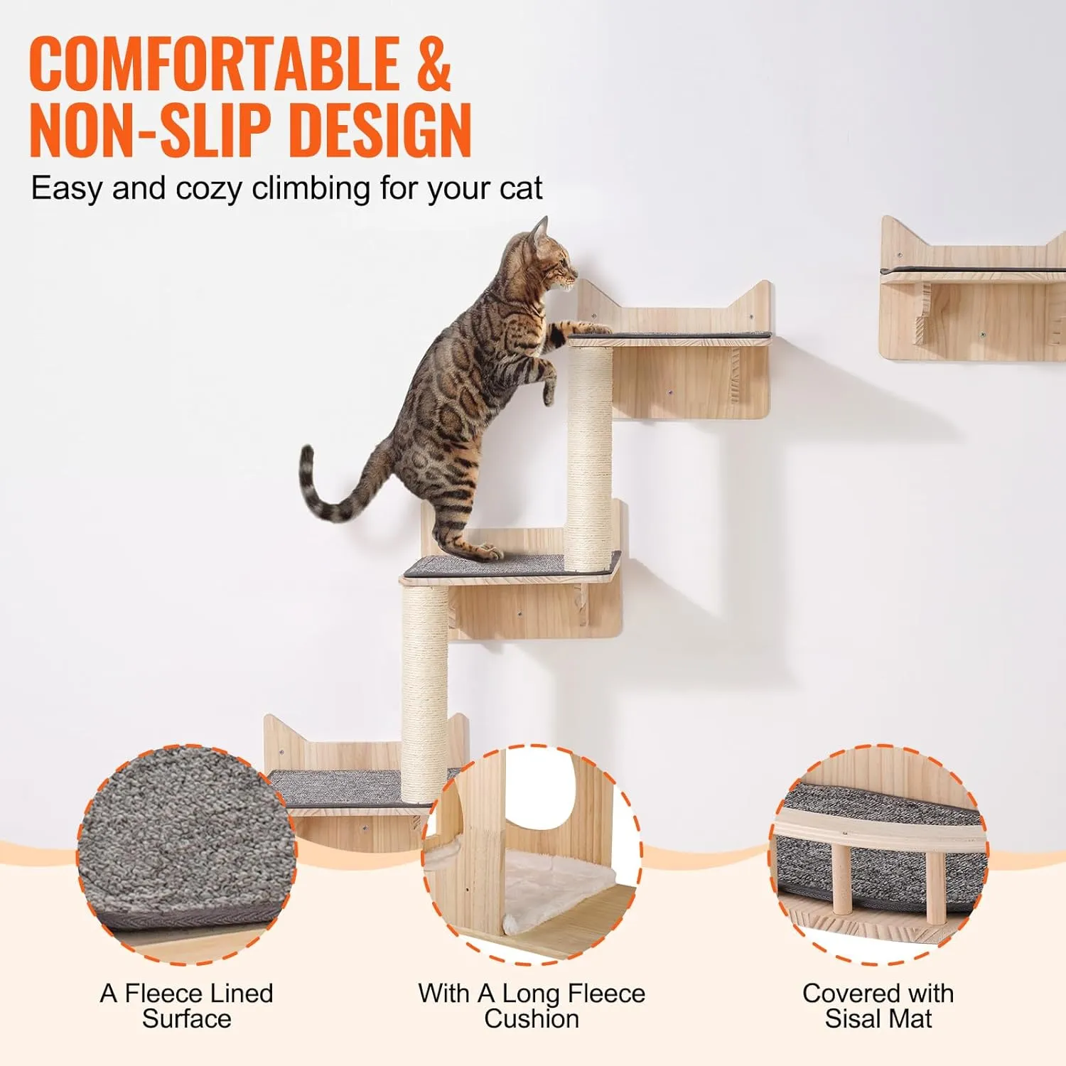 VEVOR Wall Mounted Cat Shelves, Wall Shelves and Perches with Jumping Boards, Nest, Barrier Board & Cat Tree, Cat Floating Furniture up to 40 lbs for Sleeping, Playing, Climbing, Set of 5