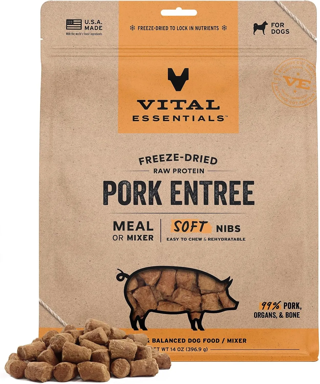 Vital Essentials Freeze Dried Raw Pork Entree & Mixer Dog Food Soft Nibs, 14 oz